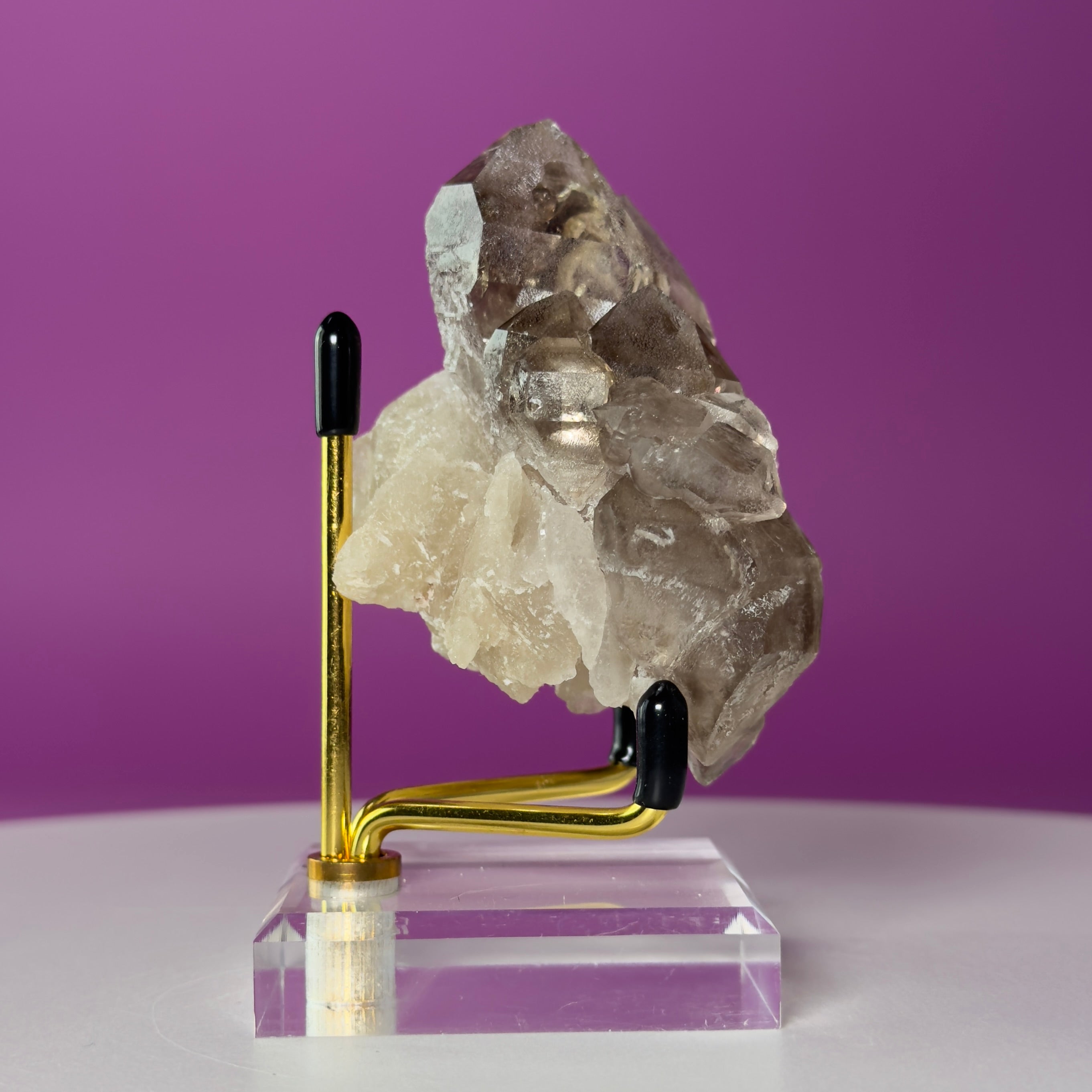 Smoky Quartz Elestial Crystal Cluster (Includes Gold Metal/Acrylic Stand)