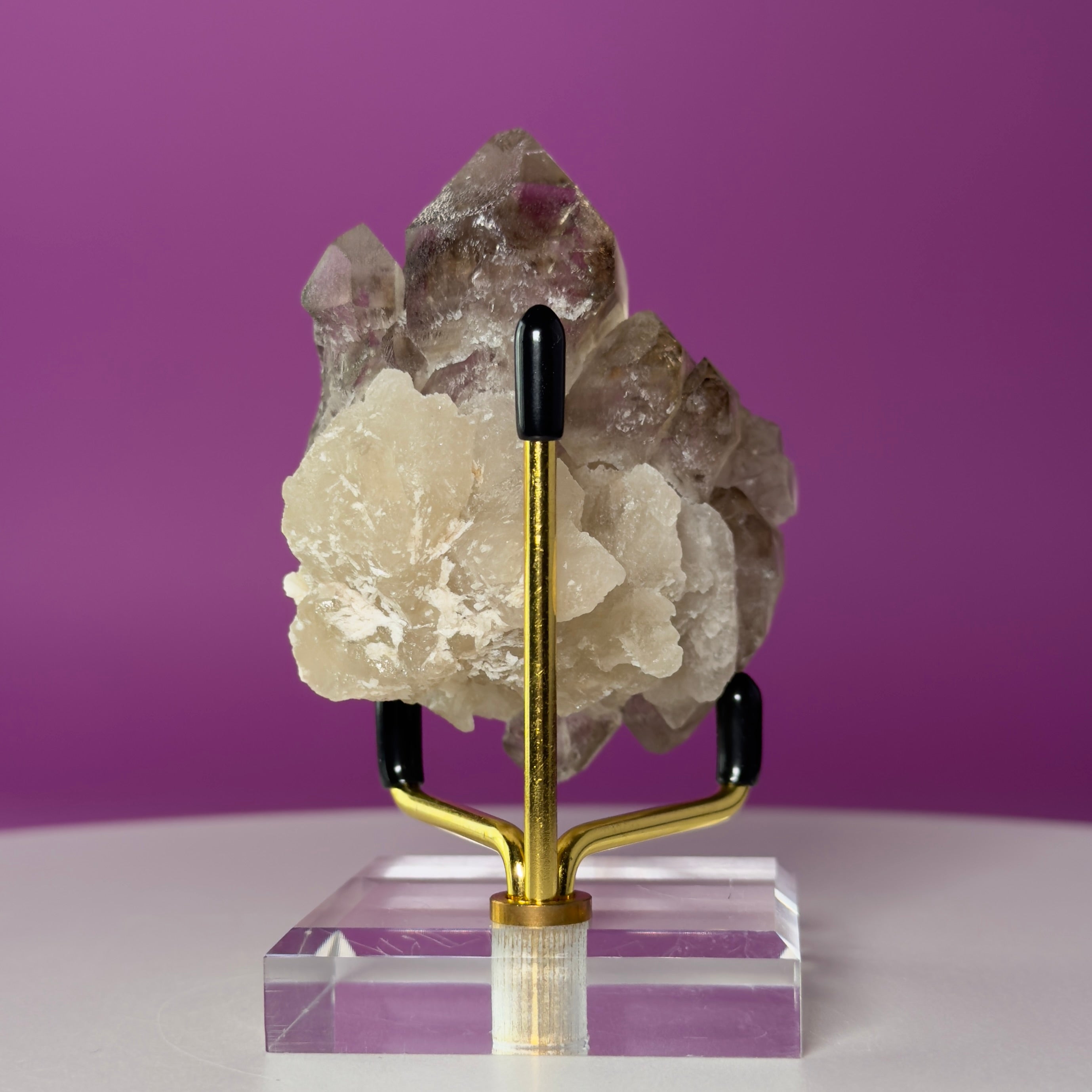 Smoky Quartz Elestial Crystal Cluster (Includes Gold Metal/Acrylic Stand)