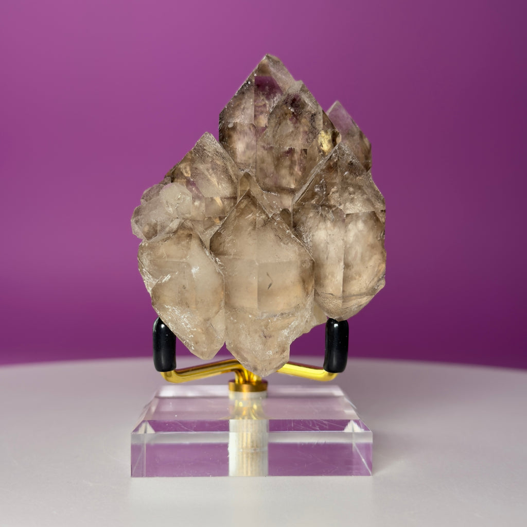 Smoky Quartz Elestial Crystal Cluster (Includes Gold Metal/Acrylic Stand)