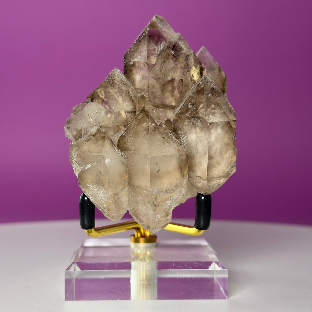 Smoky Quartz Elestial Crystal Cluster (Includes Gold Metal/Acrylic Stand)