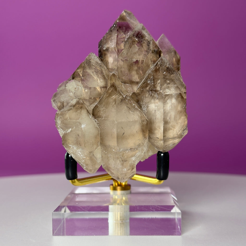Smoky Quartz Elestial Crystal Cluster (Includes Gold Metal/Acrylic Stand)