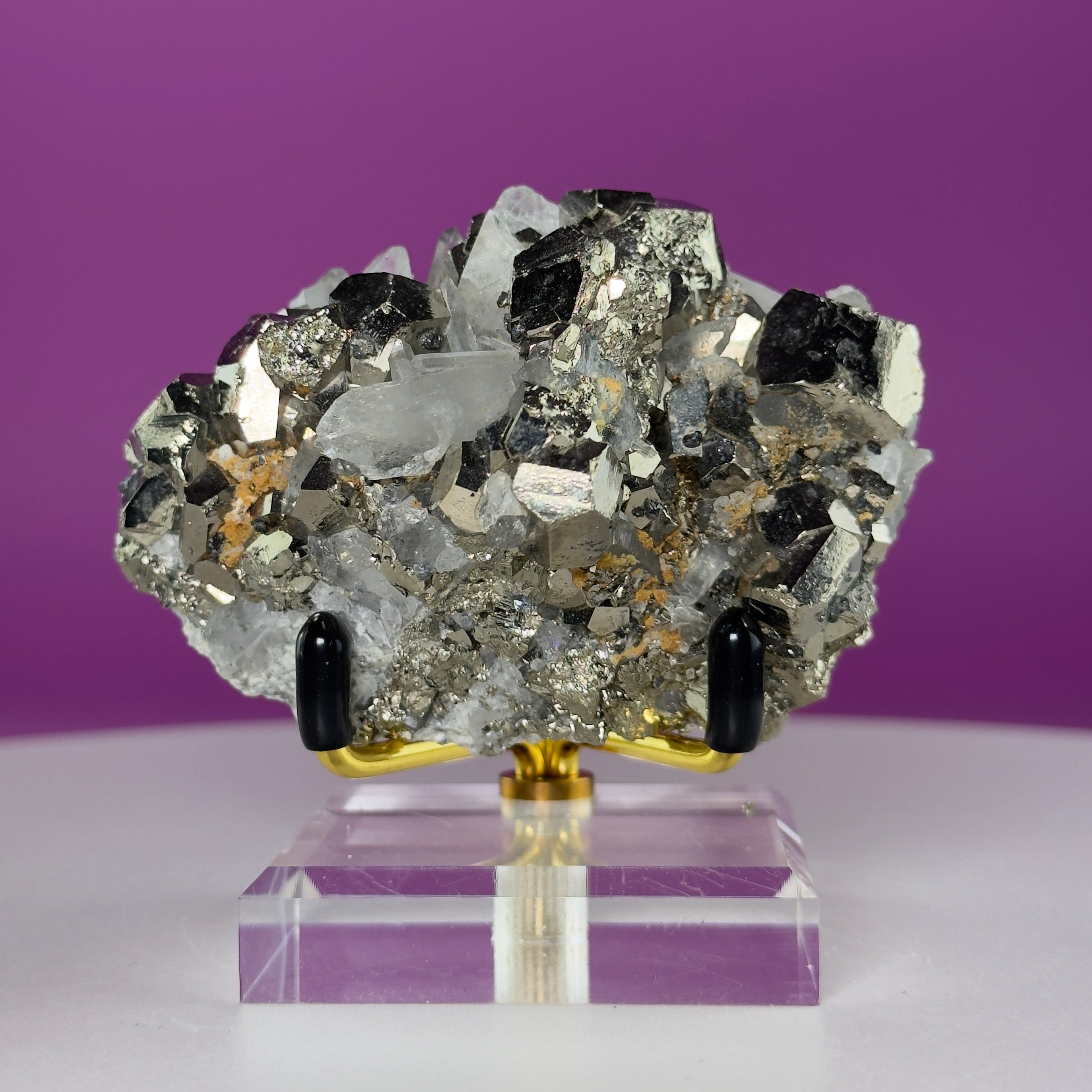 Chalcopyrite on Quartz w Gold Metal Acrylic Stand