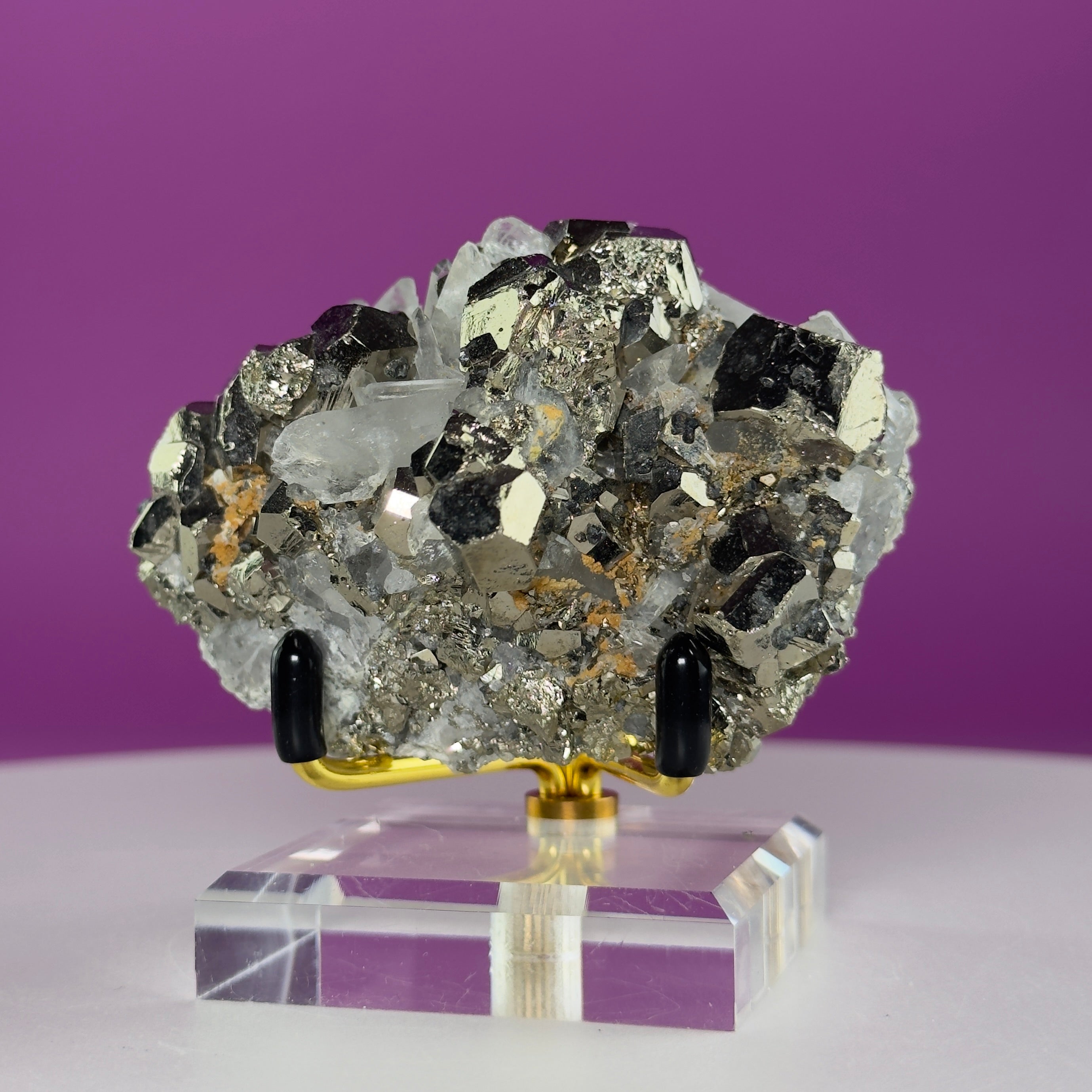 Chalcopyrite on Quartz w Gold Metal Acrylic Stand