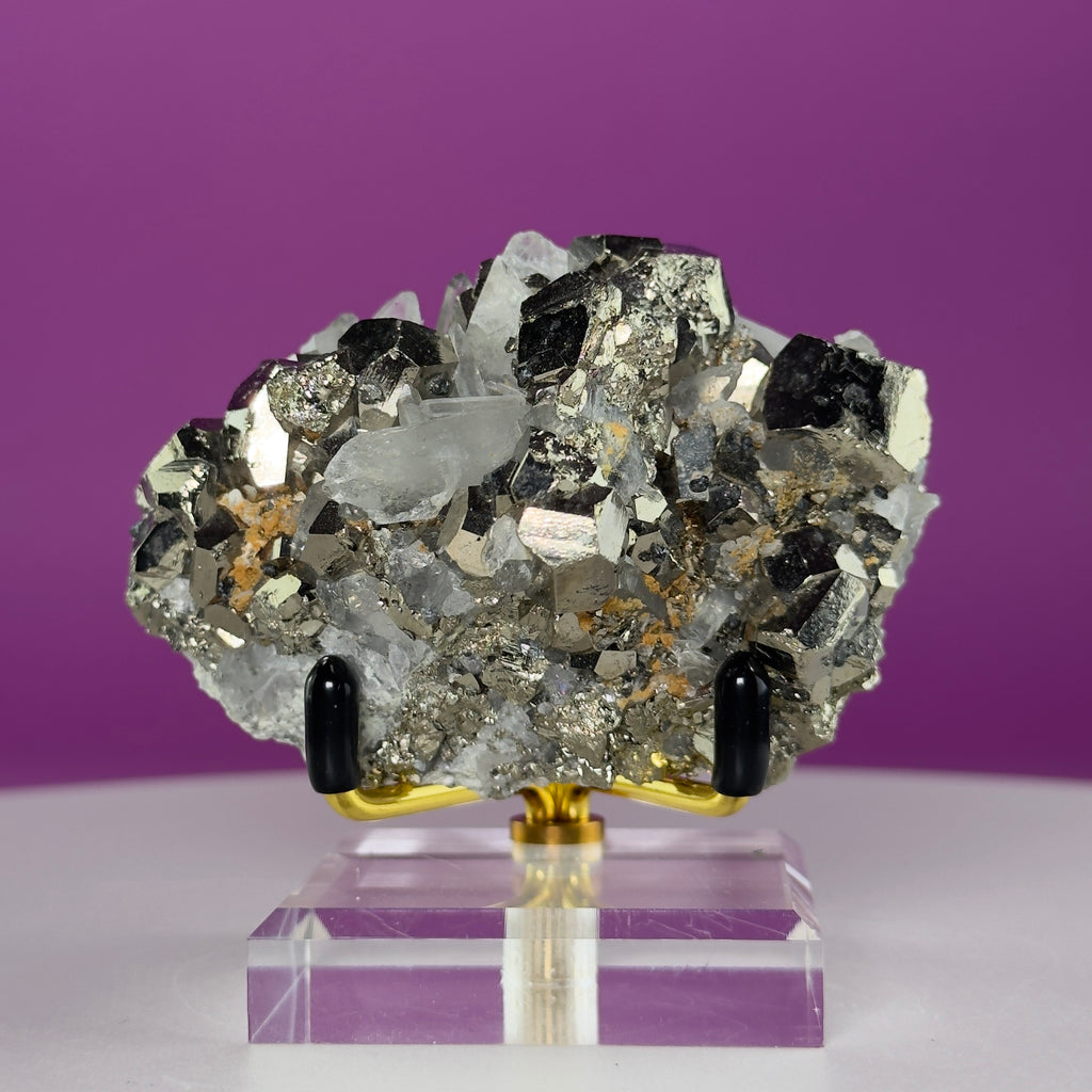 Chalcopyrite on Quartz w Gold Metal Acrylic Stand