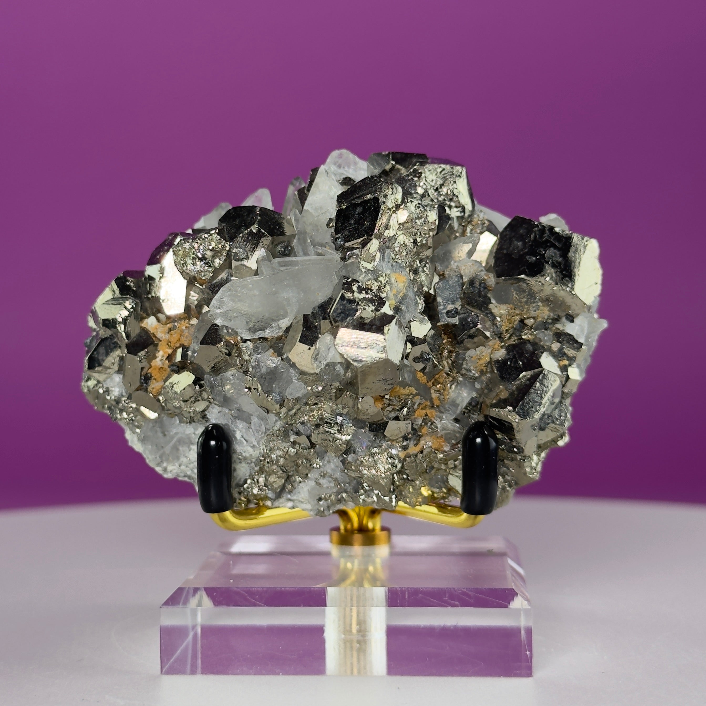 Chalcopyrite on Quartz w Gold Metal Acrylic Stand