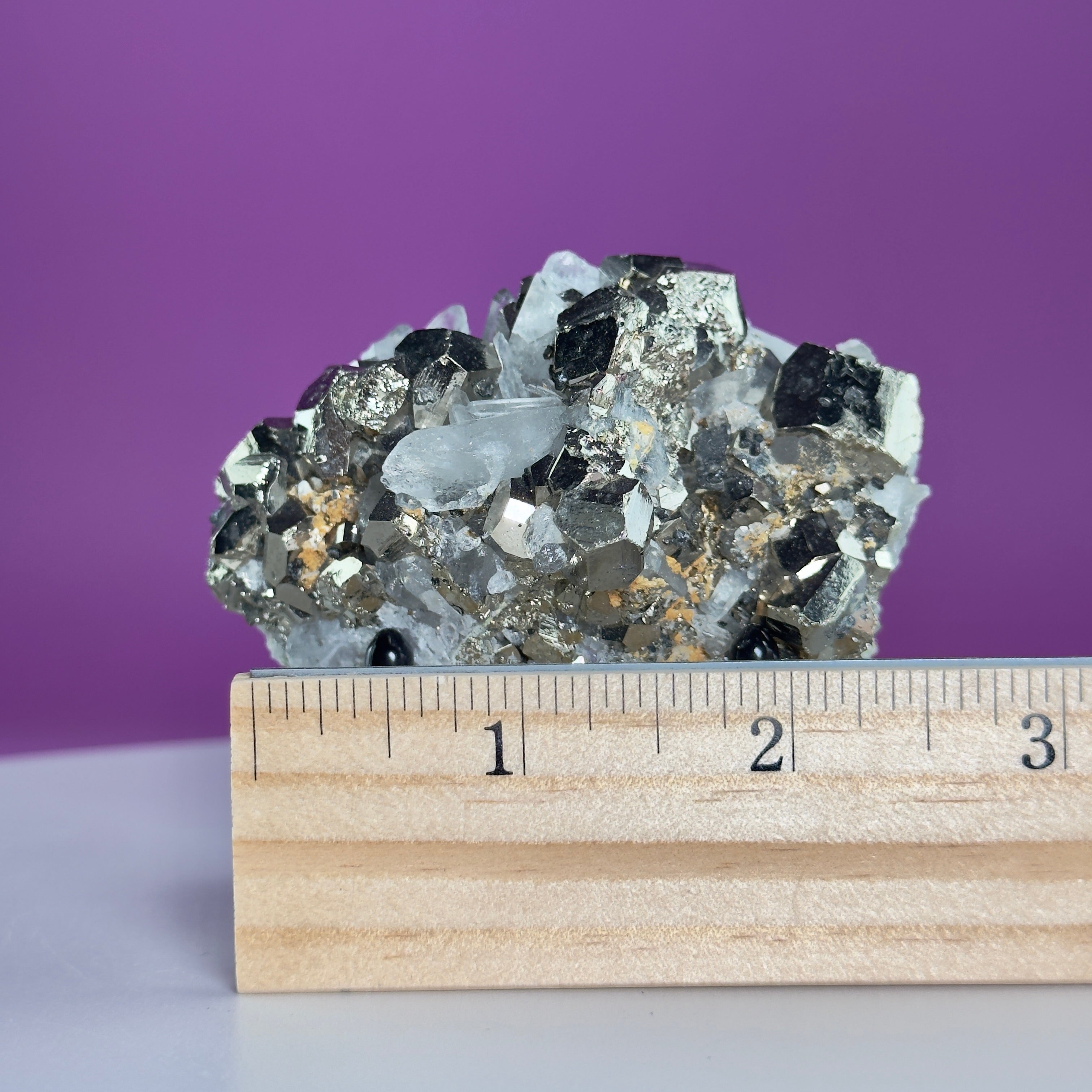Chalcopyrite on Quartz w Gold Metal Acrylic Stand