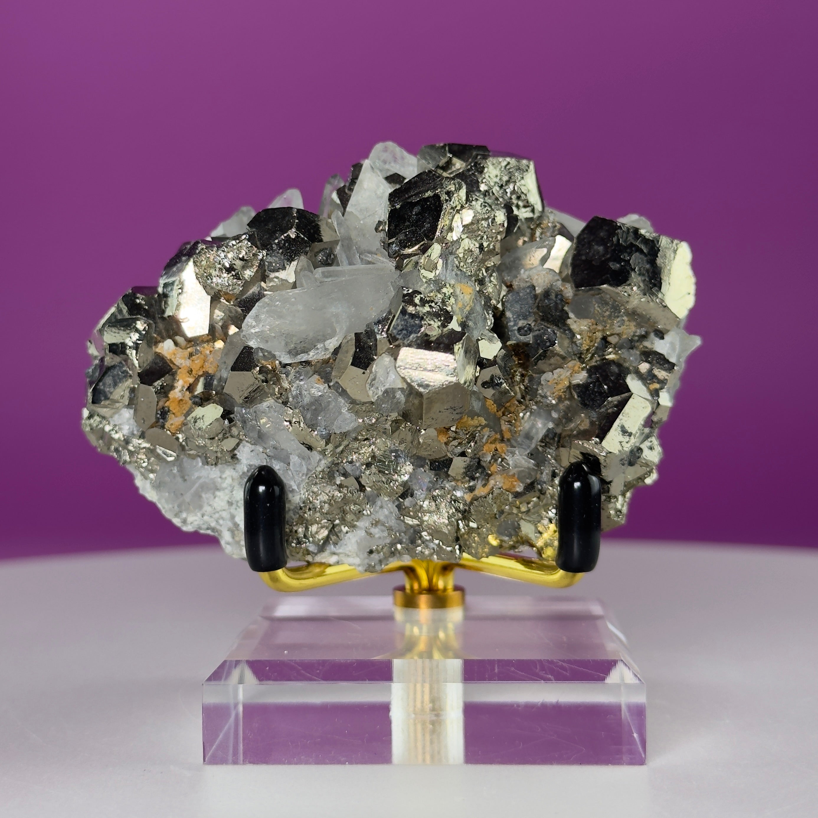 Chalcopyrite on Quartz w Gold Metal Acrylic Stand
