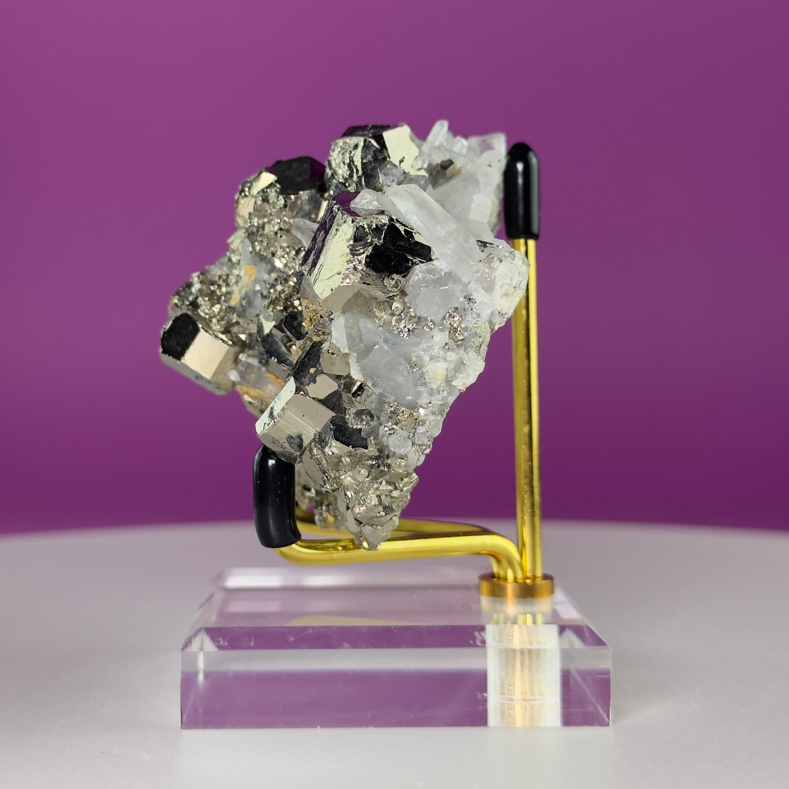 Chalcopyrite on Quartz w Gold Metal Acrylic Stand