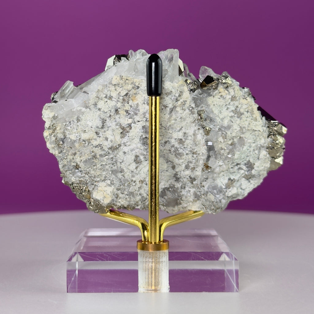 Chalcopyrite on Quartz w Gold Metal Acrylic Stand