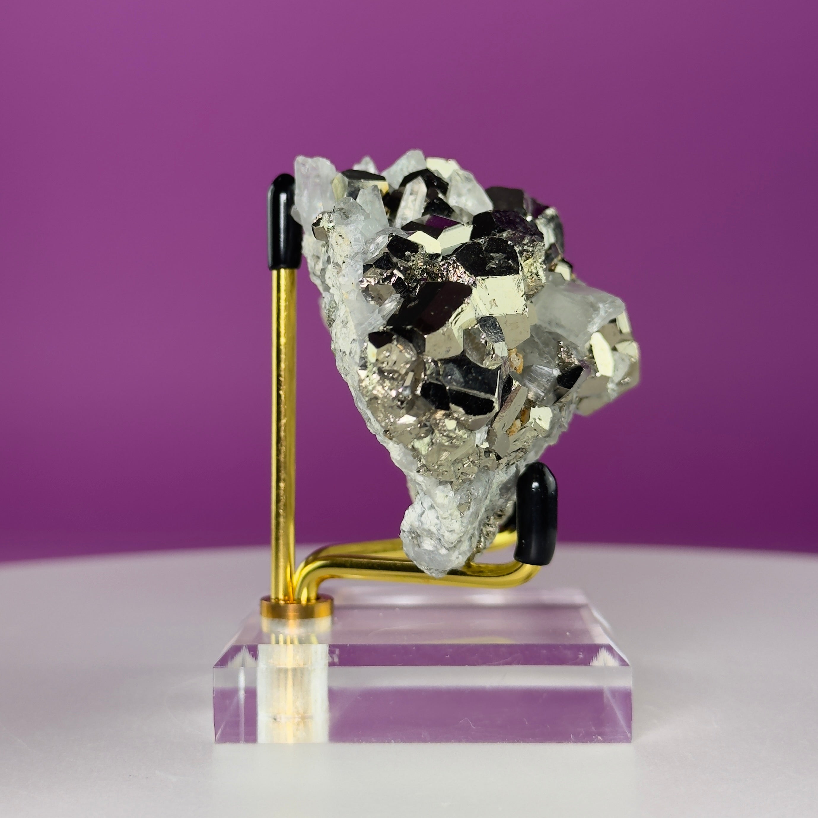 Chalcopyrite on Quartz w Gold Metal Acrylic Stand