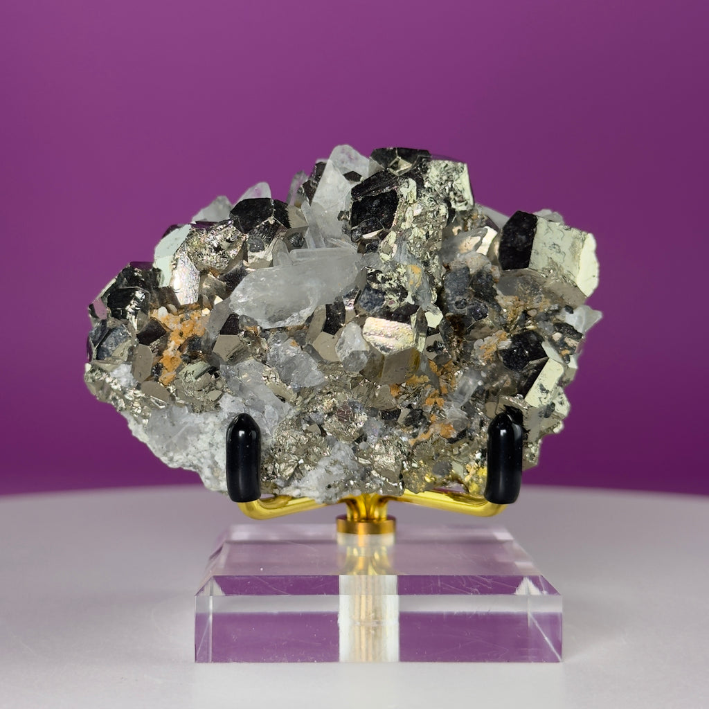 Chalcopyrite on Quartz w Gold Metal Acrylic Stand