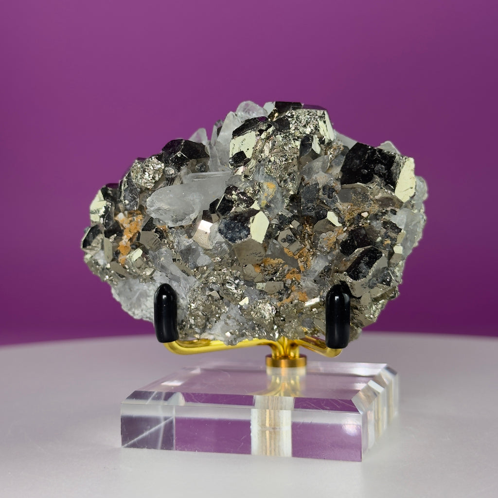 Chalcopyrite on Quartz w Gold Metal Acrylic Stand