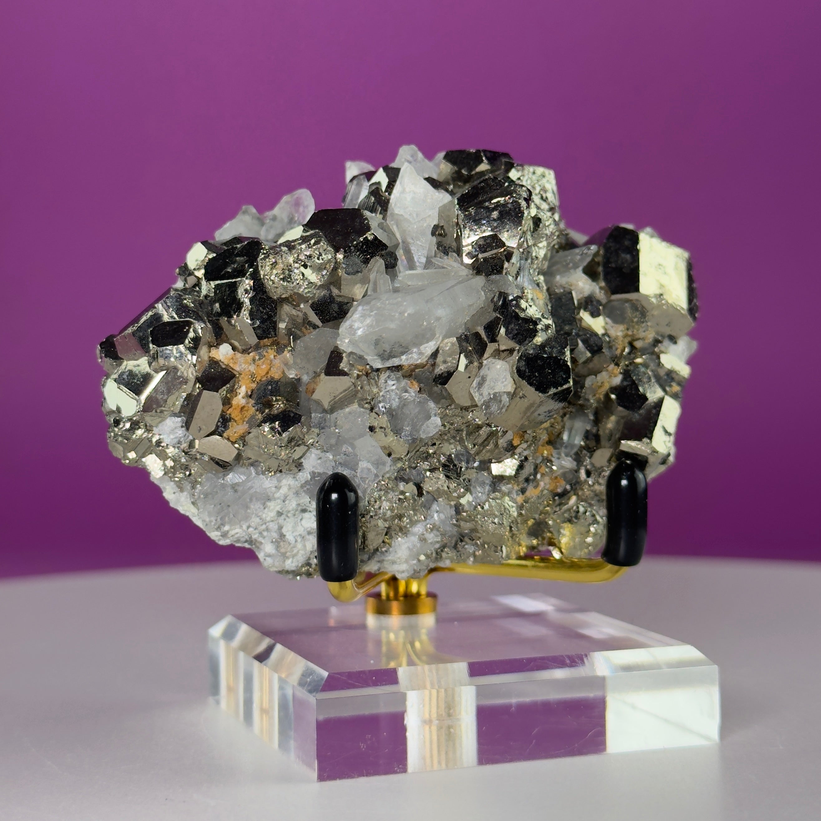 Chalcopyrite on Quartz w Gold Metal Acrylic Stand