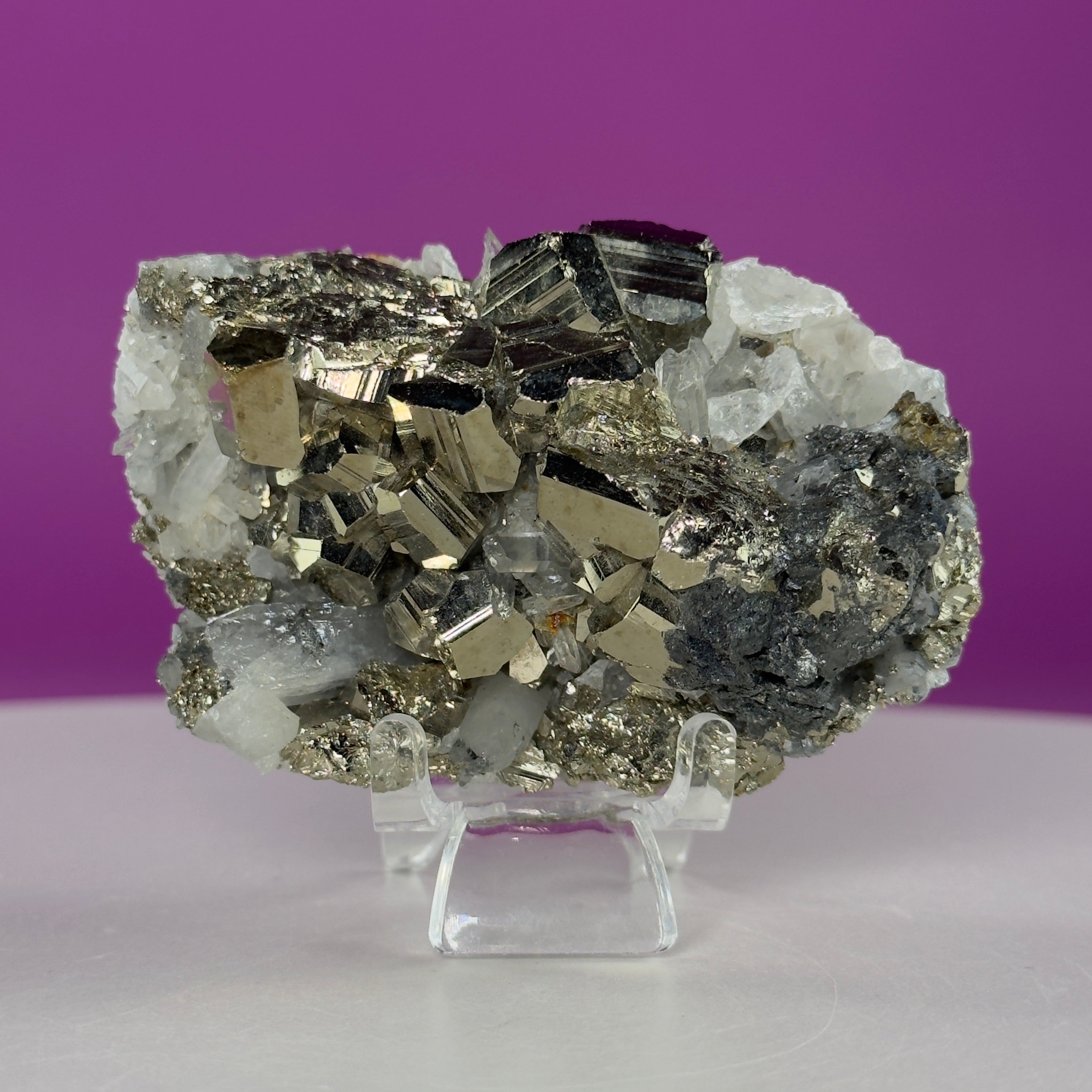 Chalcopyrite on Quartz w Acrylic Display Stand