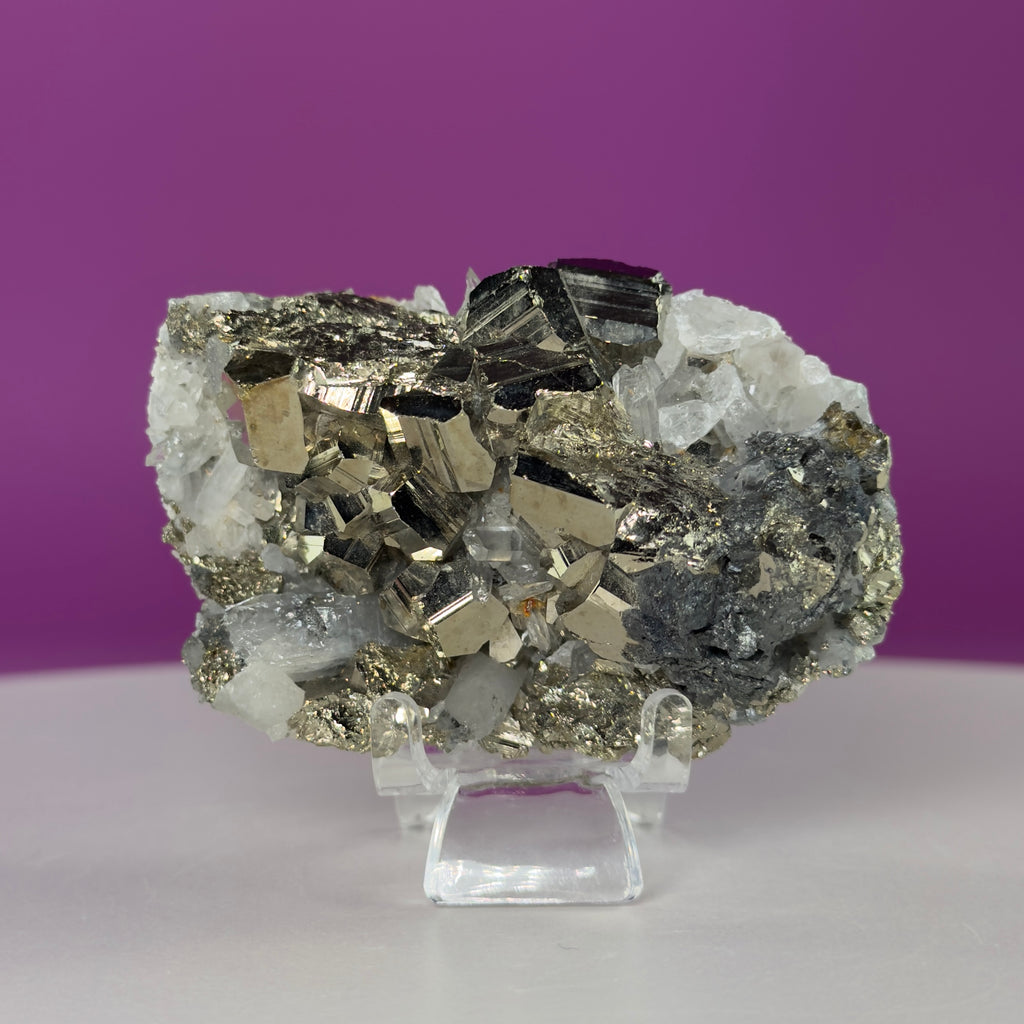 Chalcopyrite on Quartz w Acrylic Display Stand