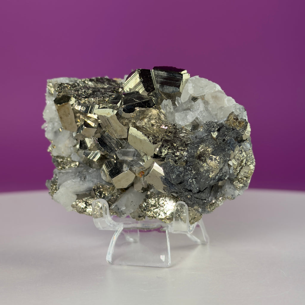 Chalcopyrite on Quartz w Acrylic Display Stand