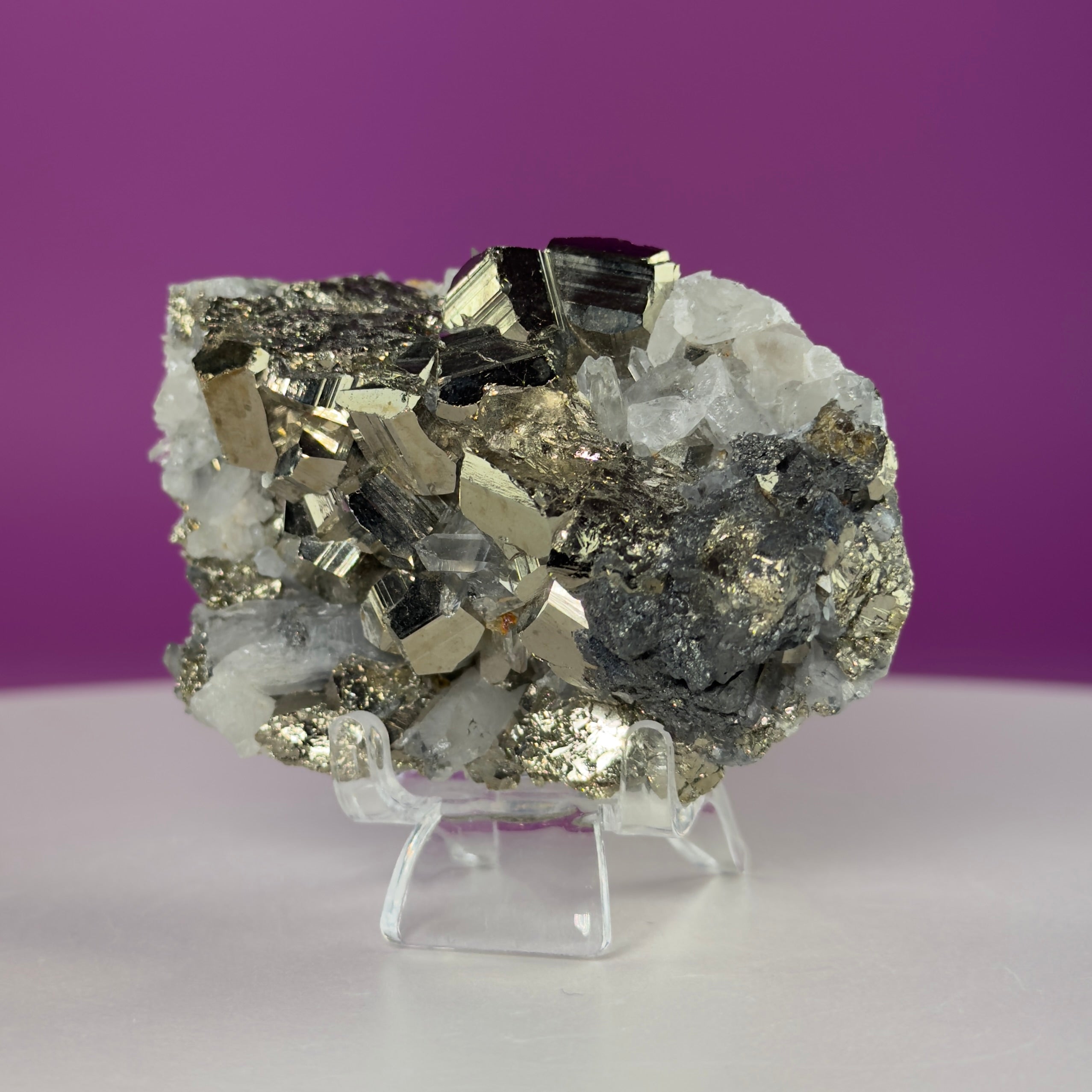 Chalcopyrite on Quartz w Acrylic Display Stand