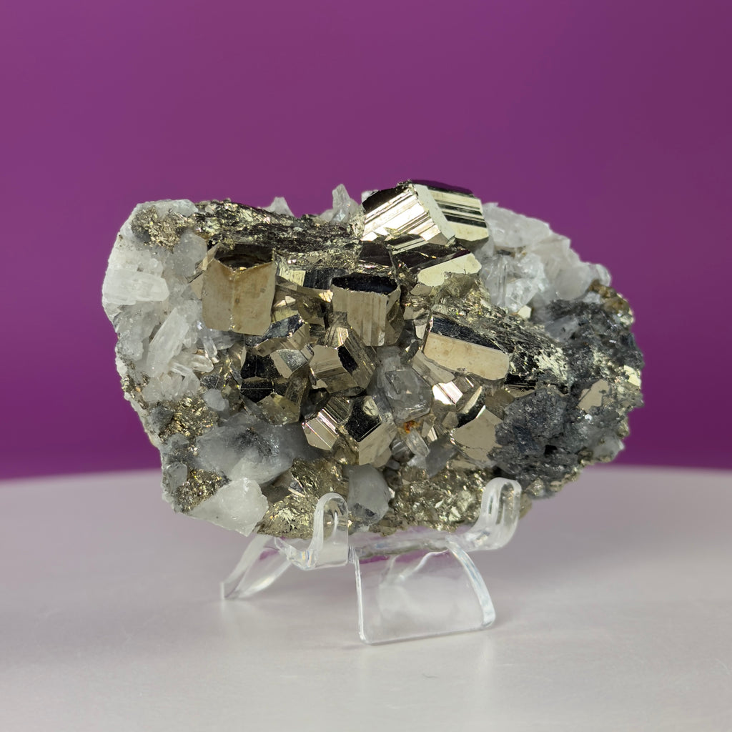 Chalcopyrite on Quartz w Acrylic Display Stand