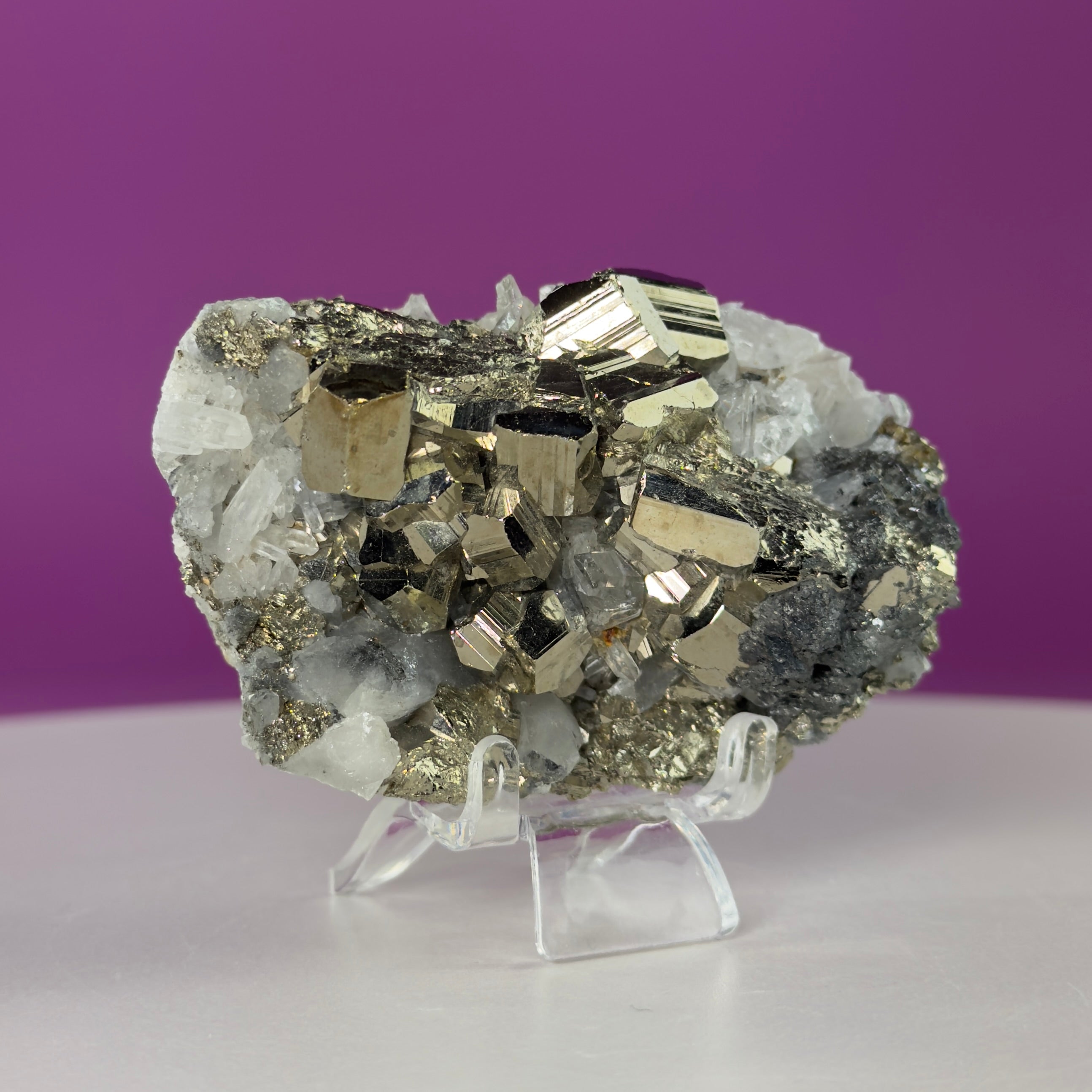 Chalcopyrite on Quartz w Acrylic Display Stand