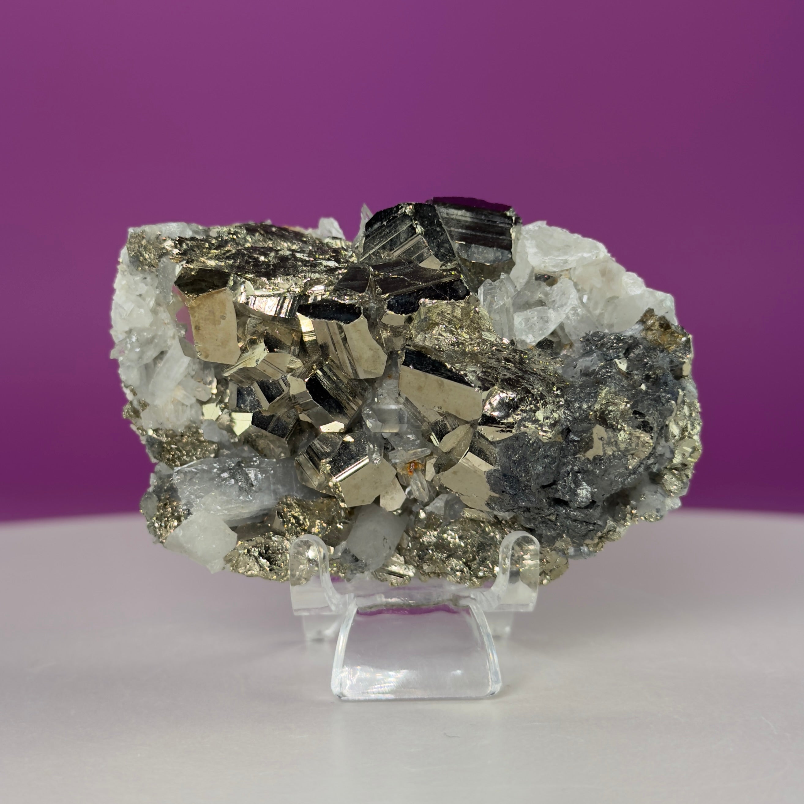 Chalcopyrite on Quartz w Acrylic Display Stand