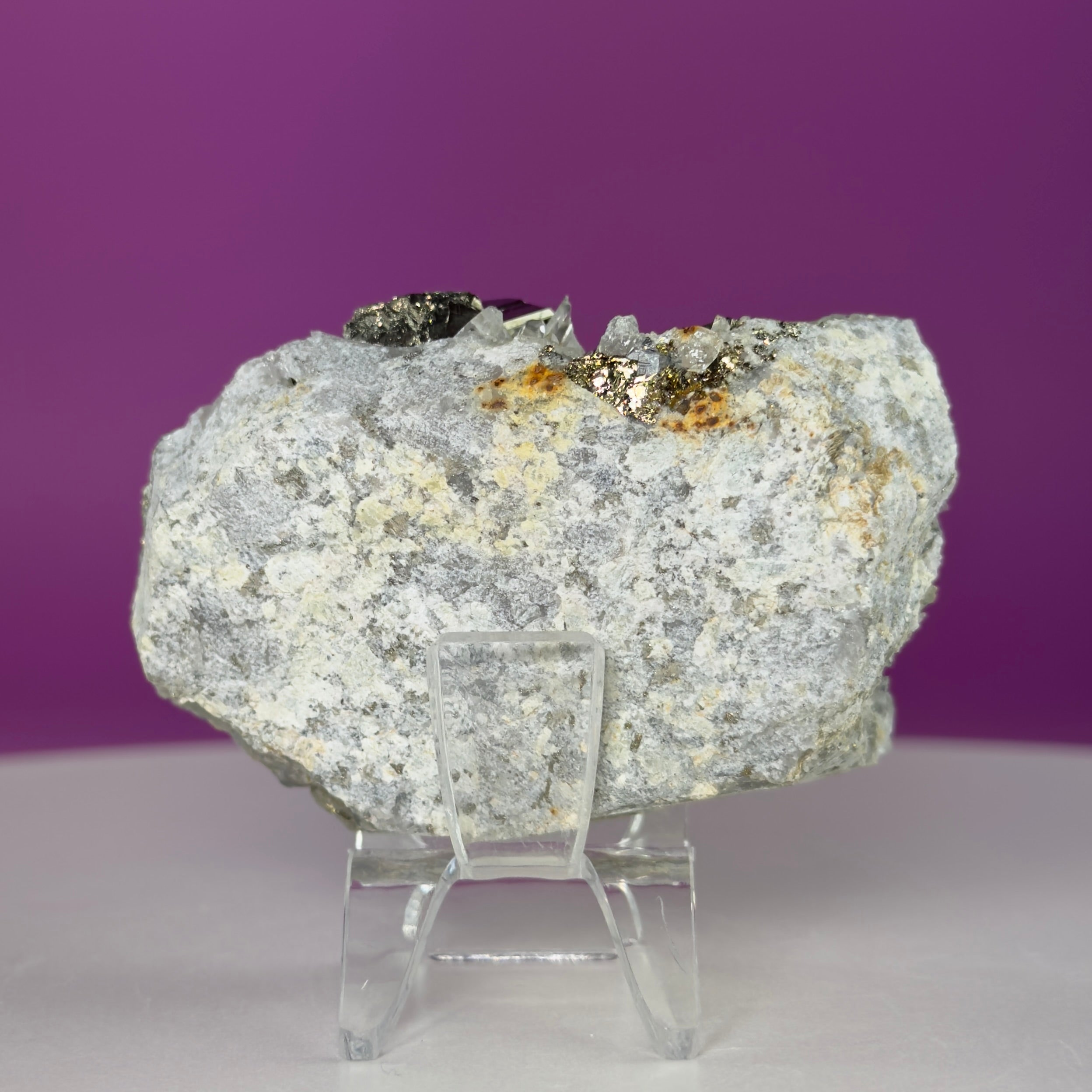 Chalcopyrite on Quartz w Acrylic Display Stand