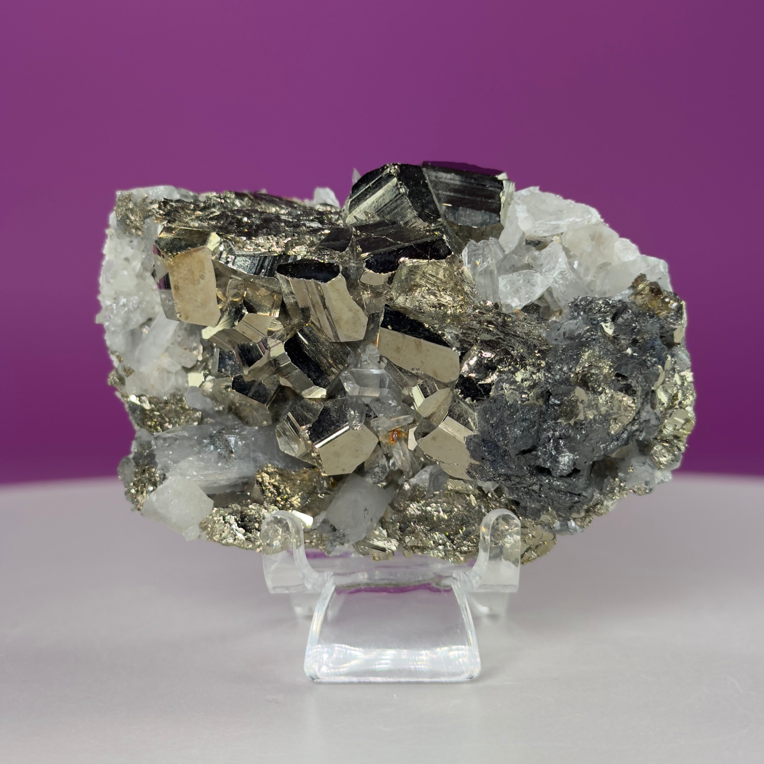 Chalcopyrite on Quartz w Acrylic Display Stand