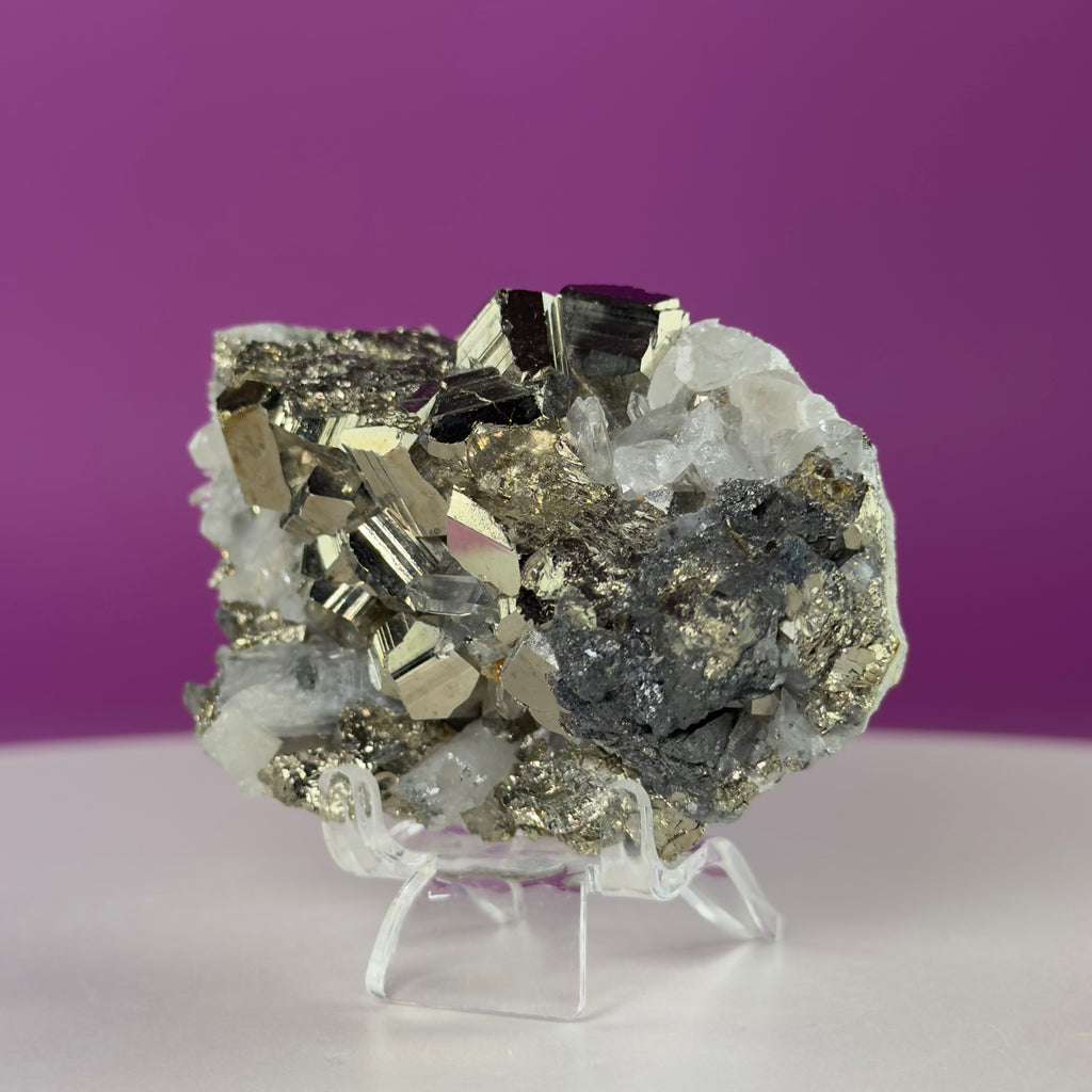 Chalcopyrite on Quartz w Acrylic Display Stand