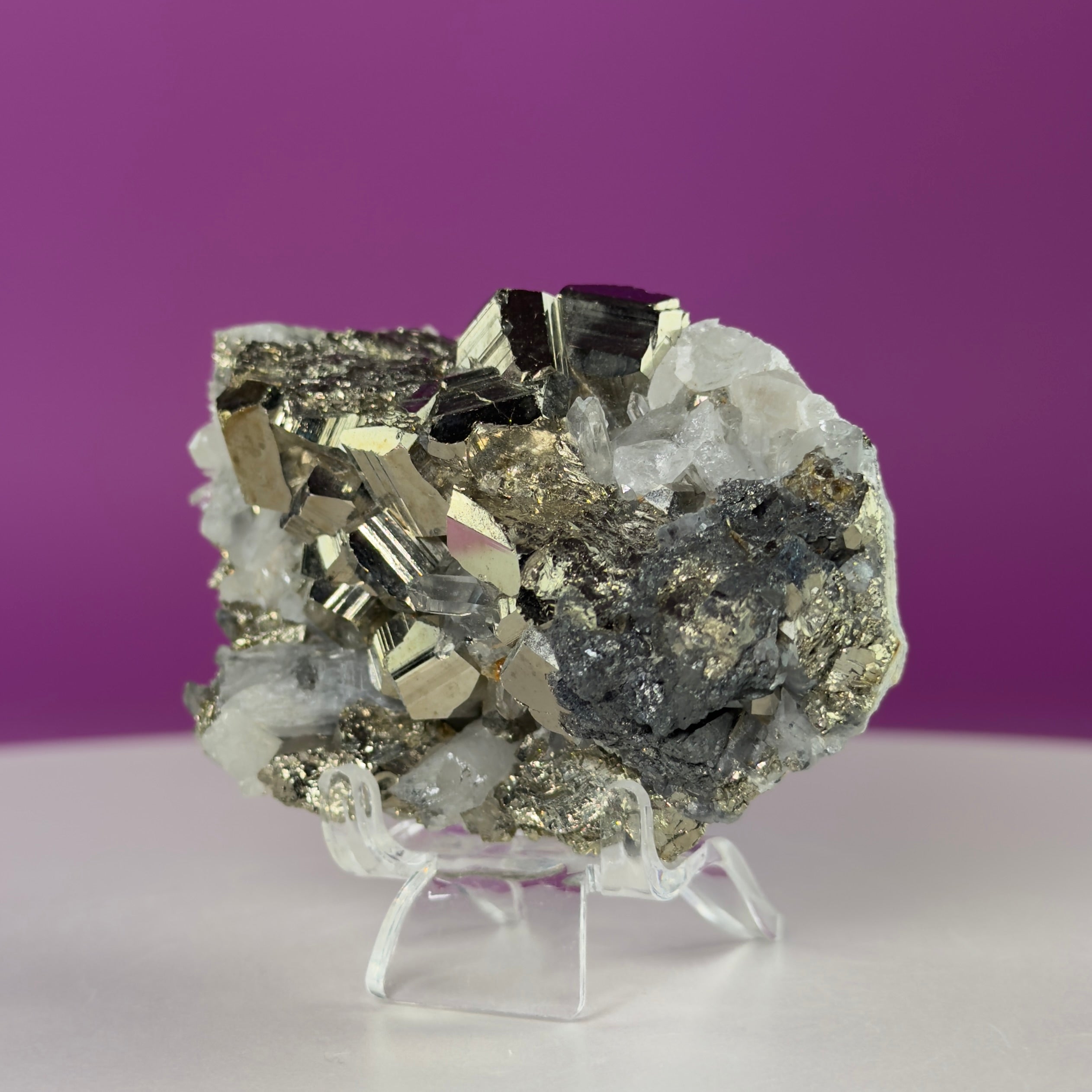 Chalcopyrite on Quartz w Acrylic Display Stand