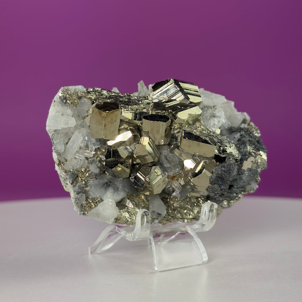 Chalcopyrite on Quartz w Acrylic Display Stand