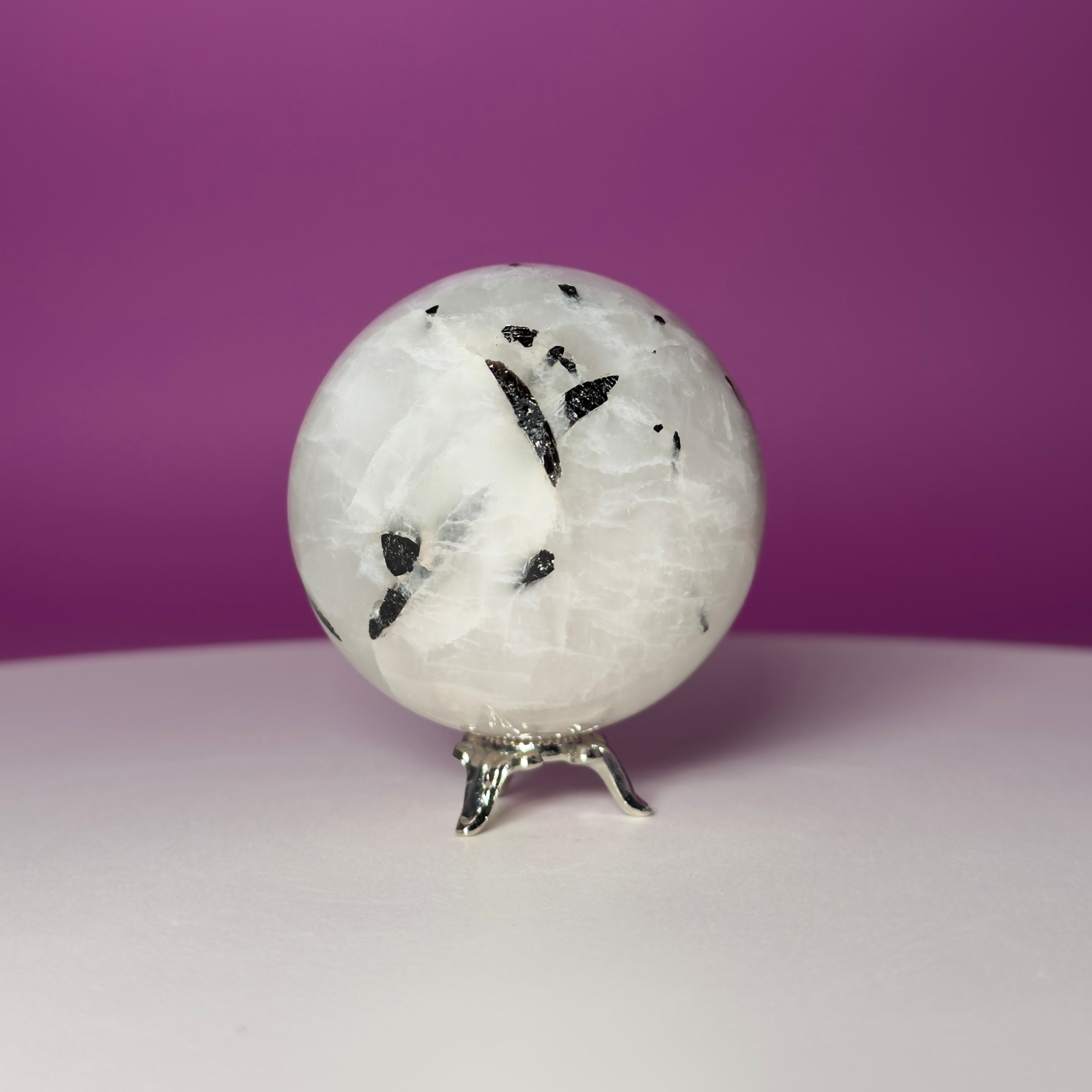 Tourmaline Quartz Sphere with Silver Stand, Black Tourmaline in Quartz Crystal