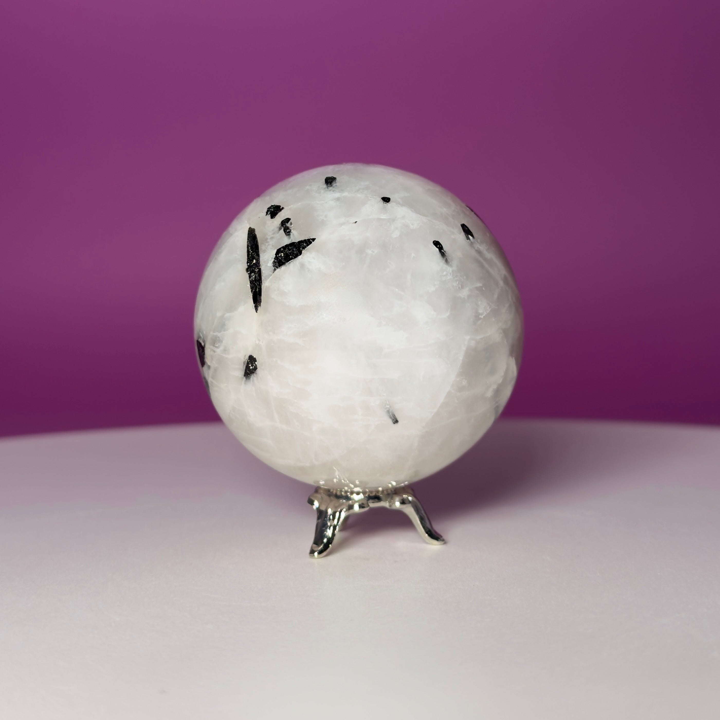 Tourmaline Quartz Sphere with Silver Stand, Black Tourmaline in Quartz Crystal