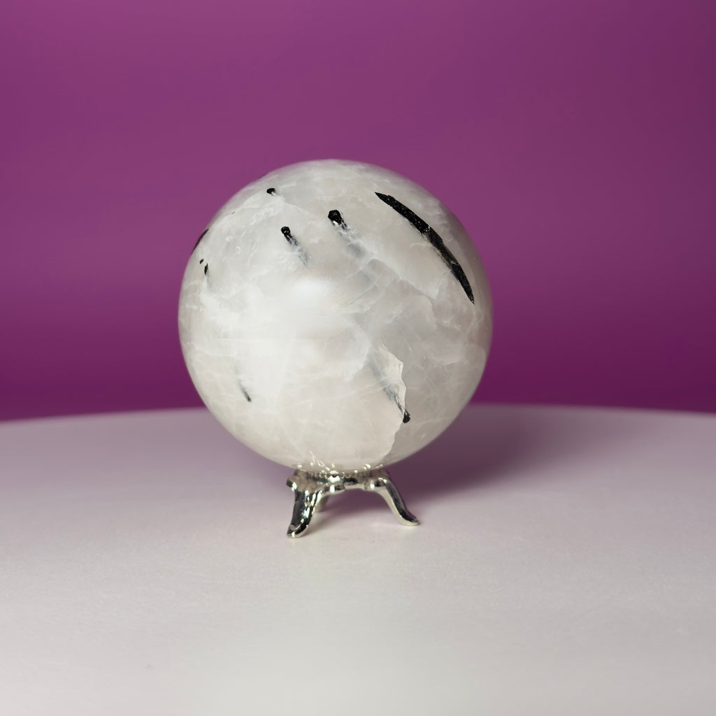 Tourmaline Quartz Sphere with Silver Stand, Black Tourmaline in Quartz Crystal