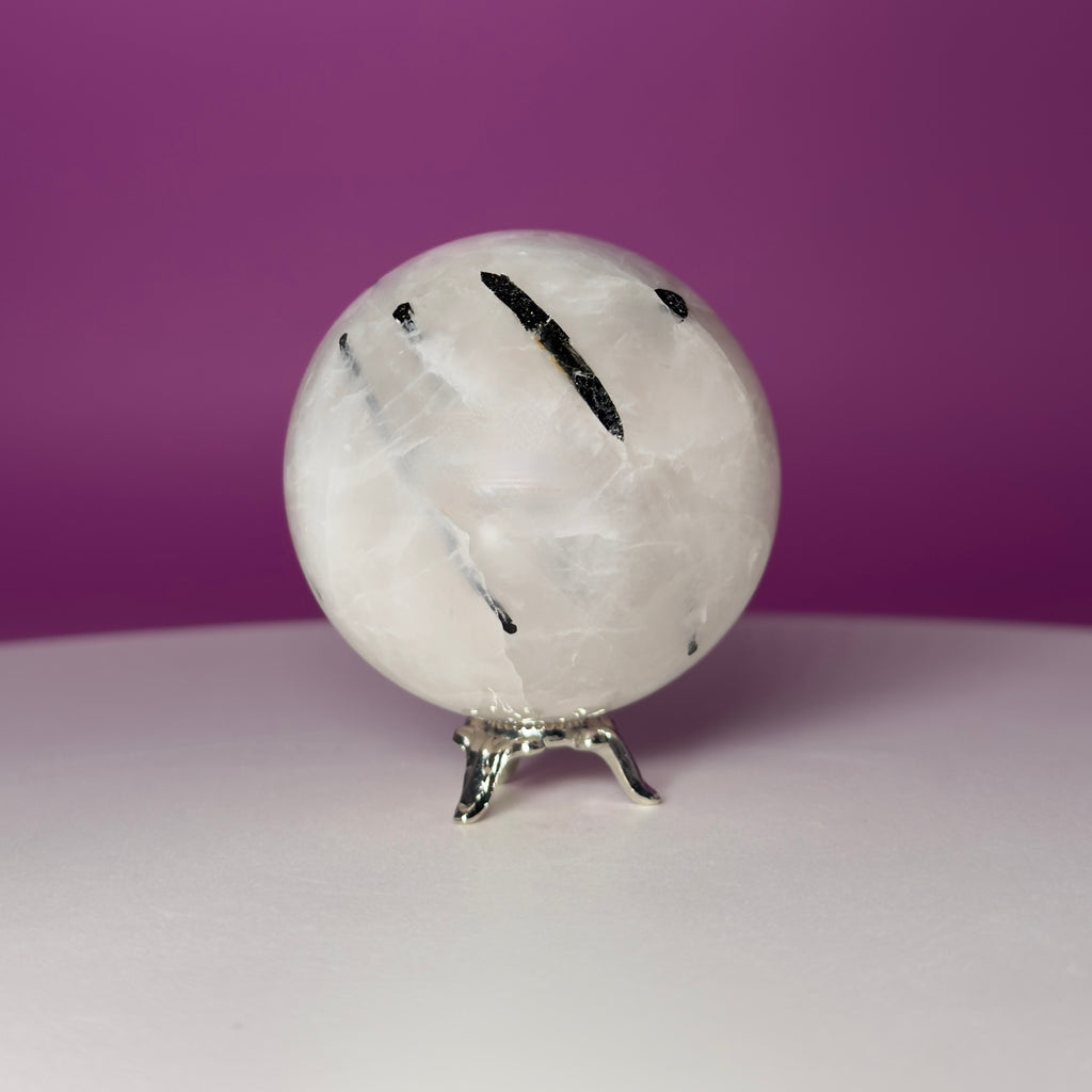Tourmaline Quartz Sphere with Silver Stand, Black Tourmaline in Quartz Crystal