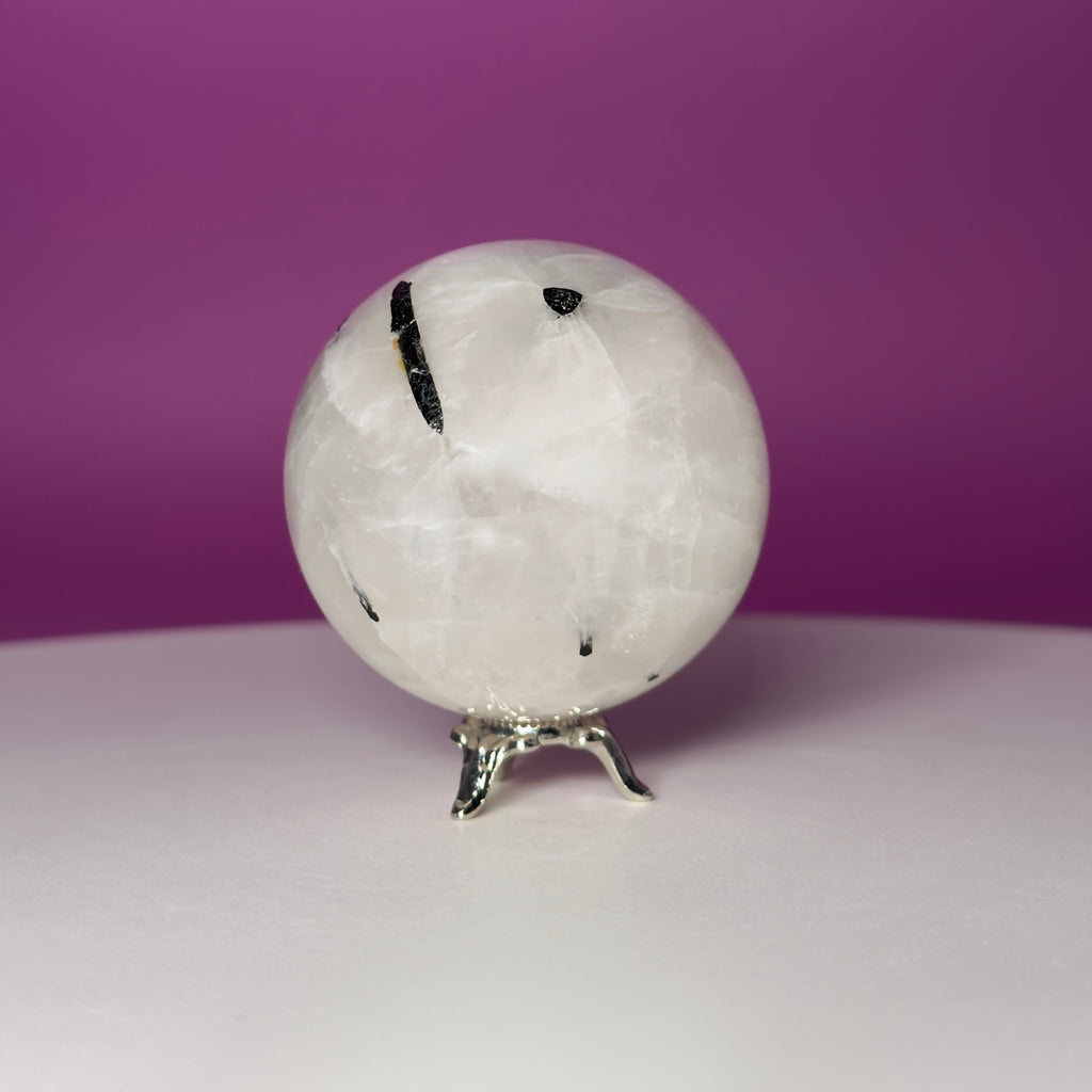 Tourmaline Quartz Sphere with Silver Stand, Black Tourmaline in Quartz Crystal