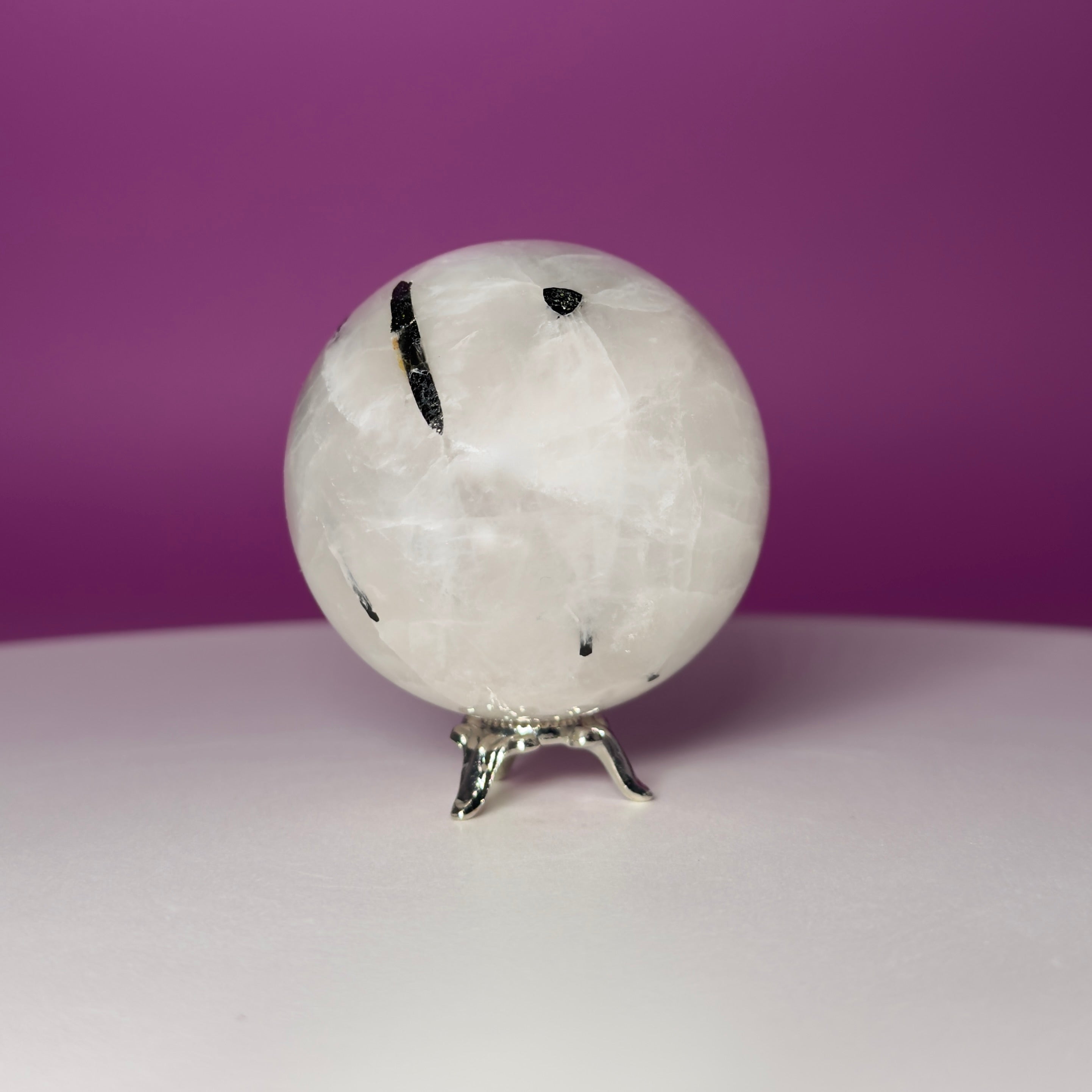 Tourmaline Quartz Sphere with Silver Stand, Black Tourmaline in Quartz Crystal