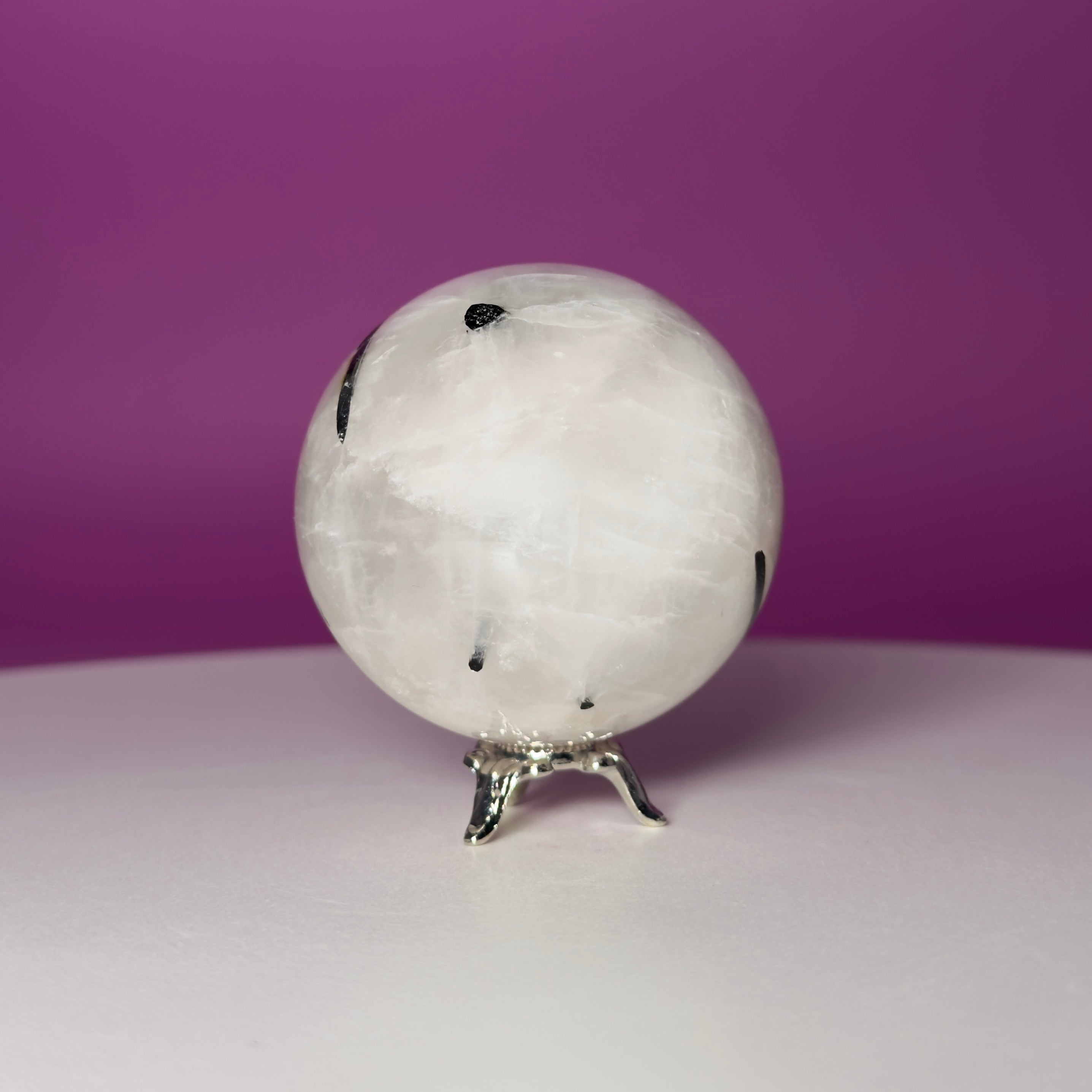Tourmaline Quartz Sphere with Silver Stand, Black Tourmaline in Quartz Crystal