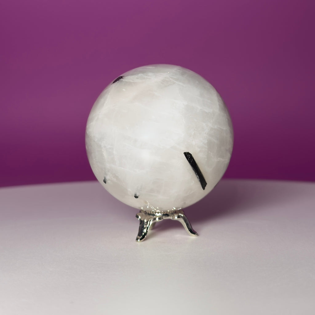 Tourmaline Quartz Sphere with Silver Stand, Black Tourmaline in Quartz Crystal