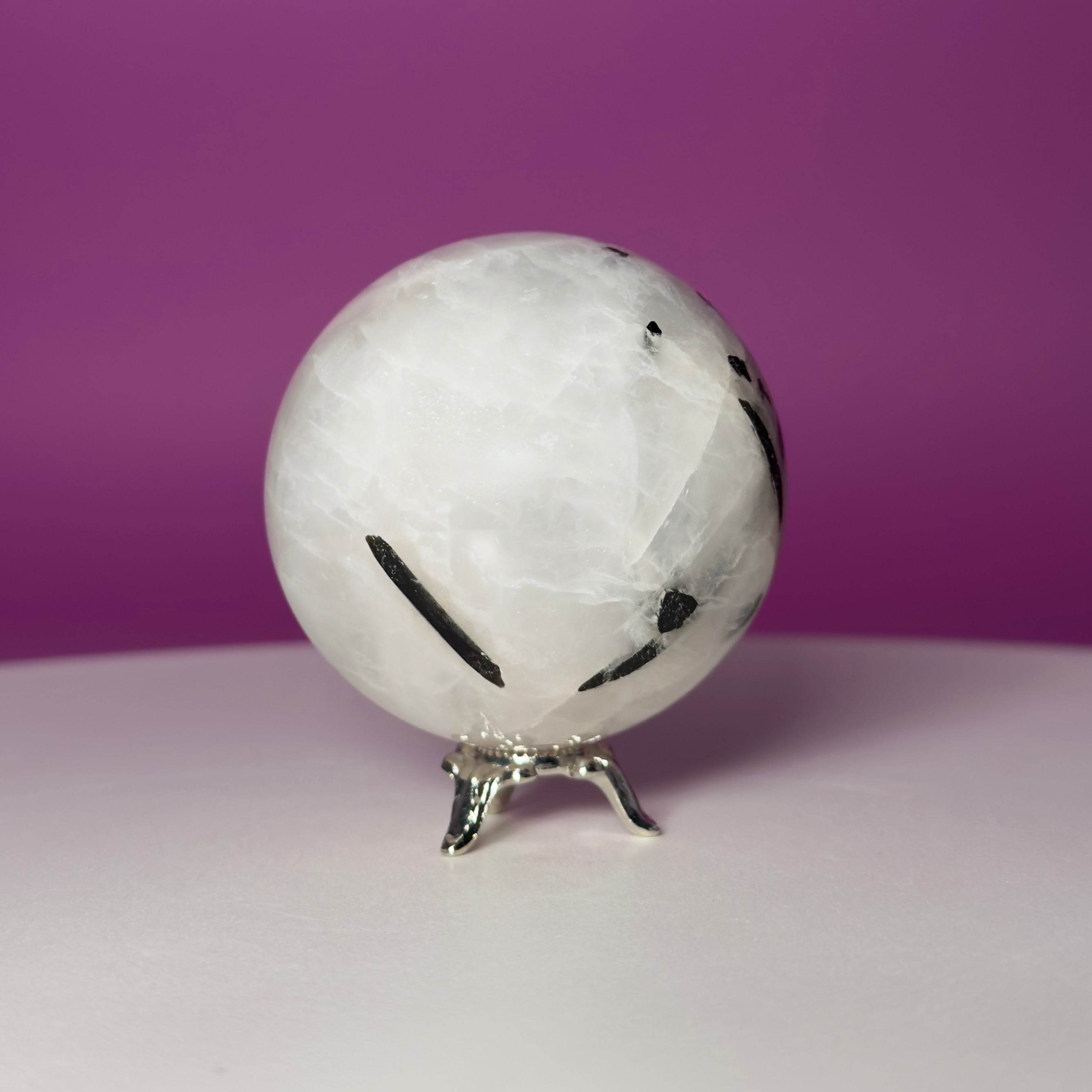 Tourmaline Quartz Sphere with Silver Stand, Black Tourmaline in Quartz Crystal