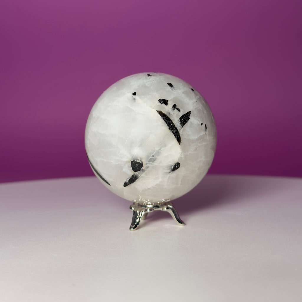 Tourmaline Quartz Sphere with Silver Stand, Black Tourmaline in Quartz Crystal