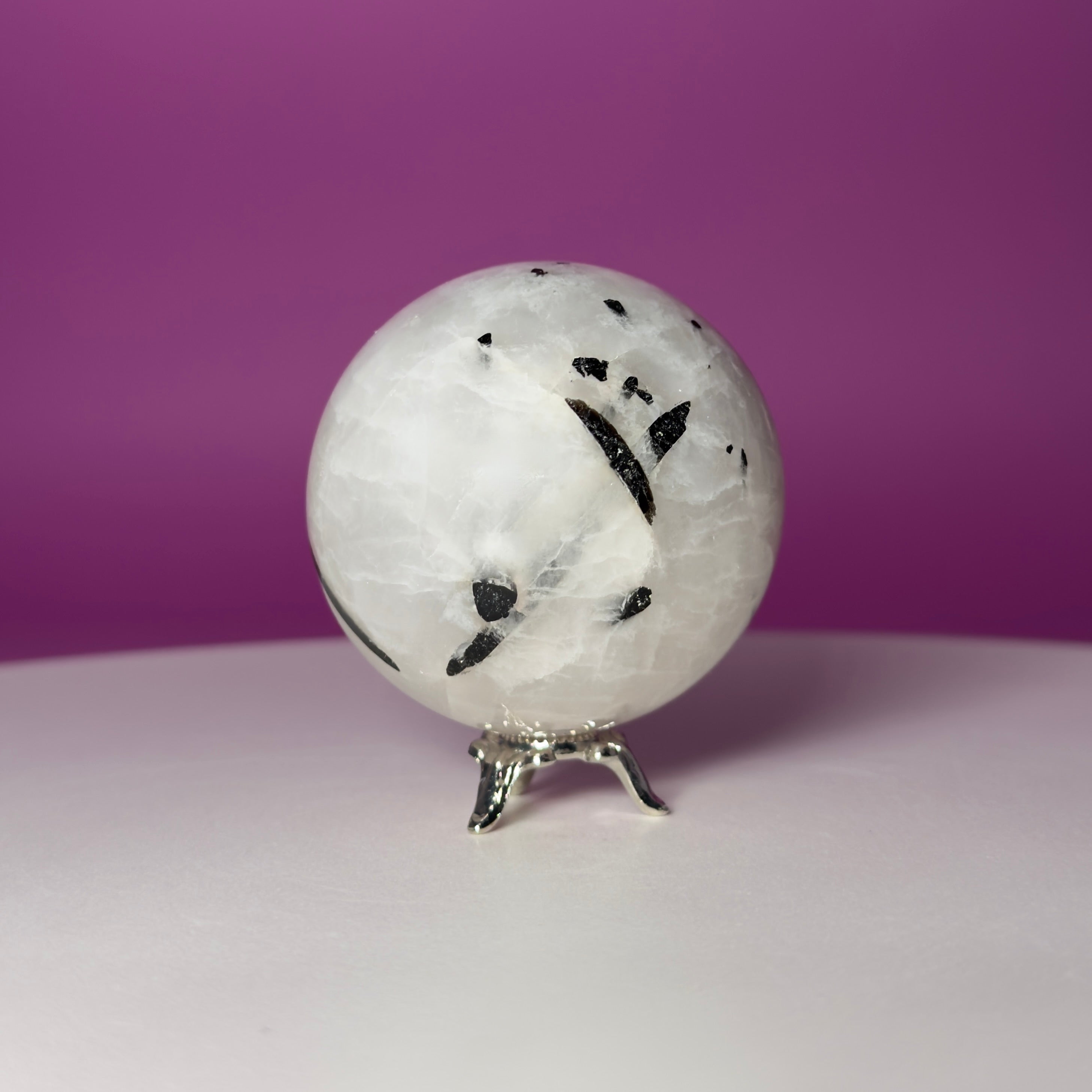 Tourmaline Quartz Sphere with Silver Stand, Black Tourmaline in Quartz Crystal