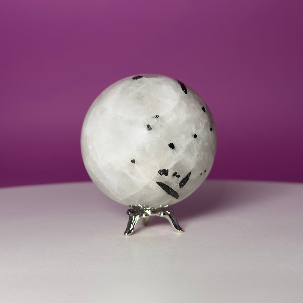 Tourmaline Quartz Sphere with Silver Stand, Black Tourmaline in Quartz Crystal