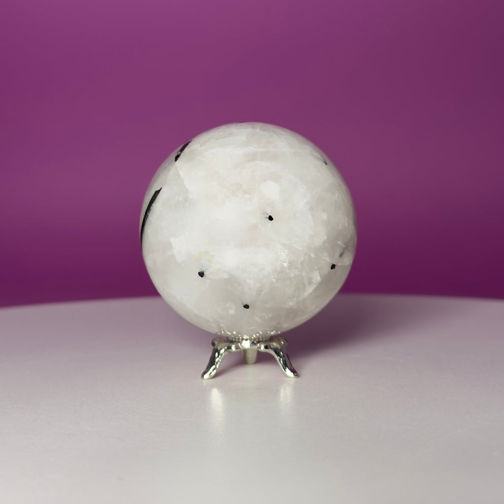 Tourmaline Quartz Sphere with Silver Stand, Black Tourmaline in Quartz Crystal