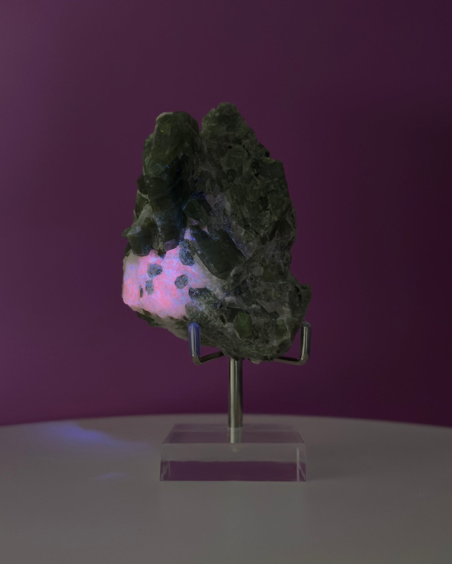 Diopside Crystal Cluster, UV Reactive (Afghanistan) (Includes Acrylic/Metal Adjustable Stand)