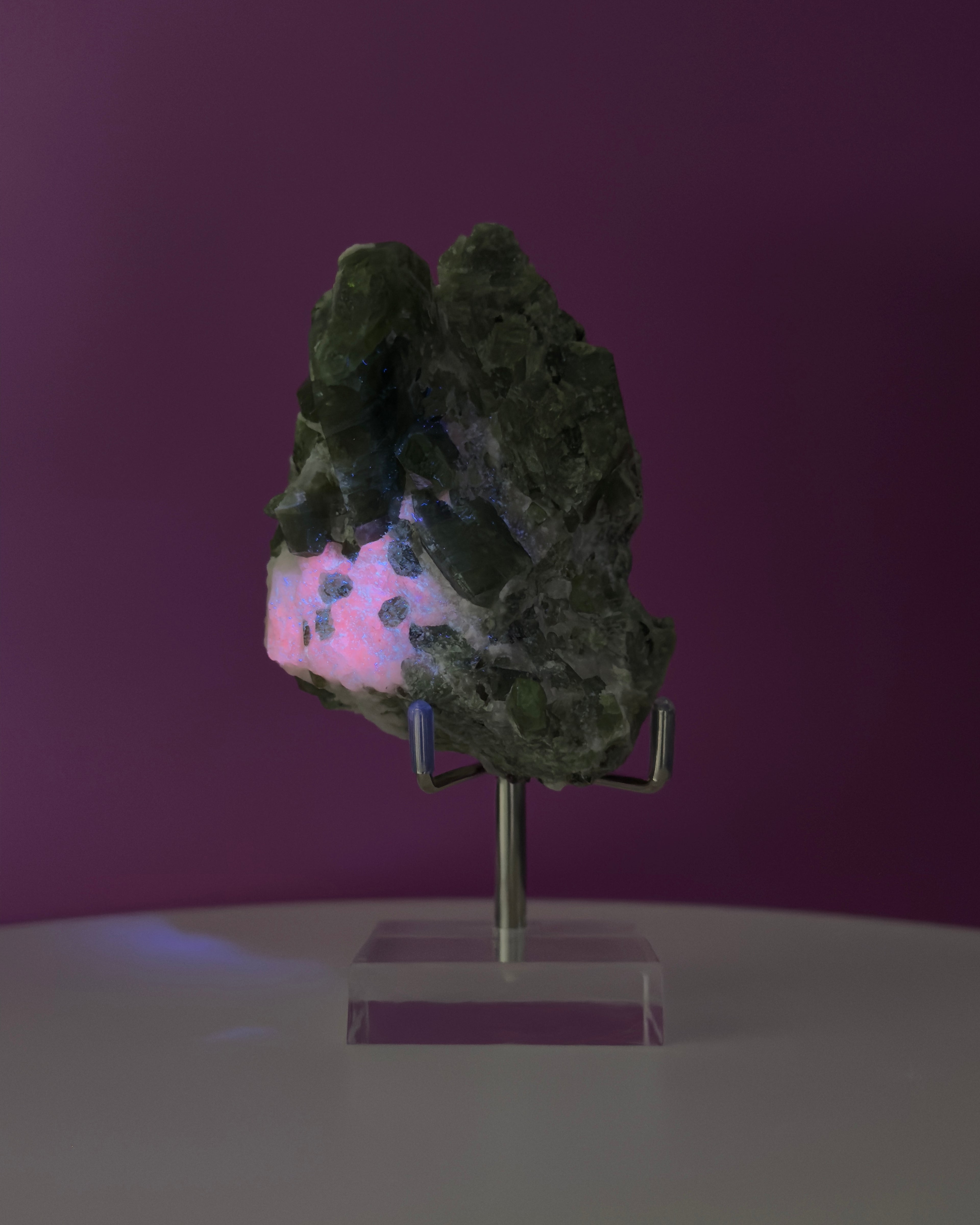Diopside Crystal Cluster, UV Reactive (Afghanistan) (Includes Acrylic/Metal Adjustable Stand)
