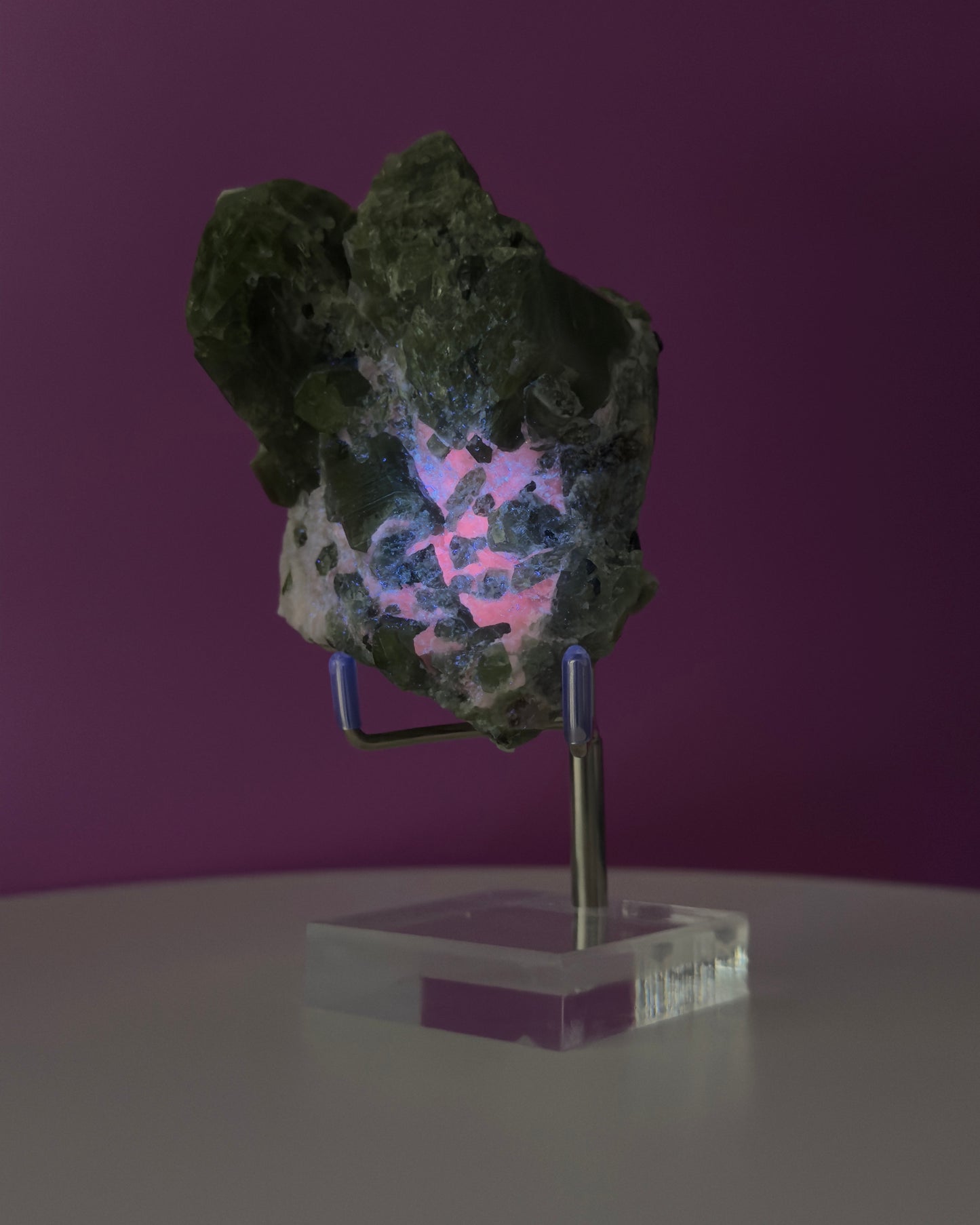 Diopside Crystal Cluster, UV Reactive (Afghanistan) (Includes Acrylic/Metal Adjustable Stand)