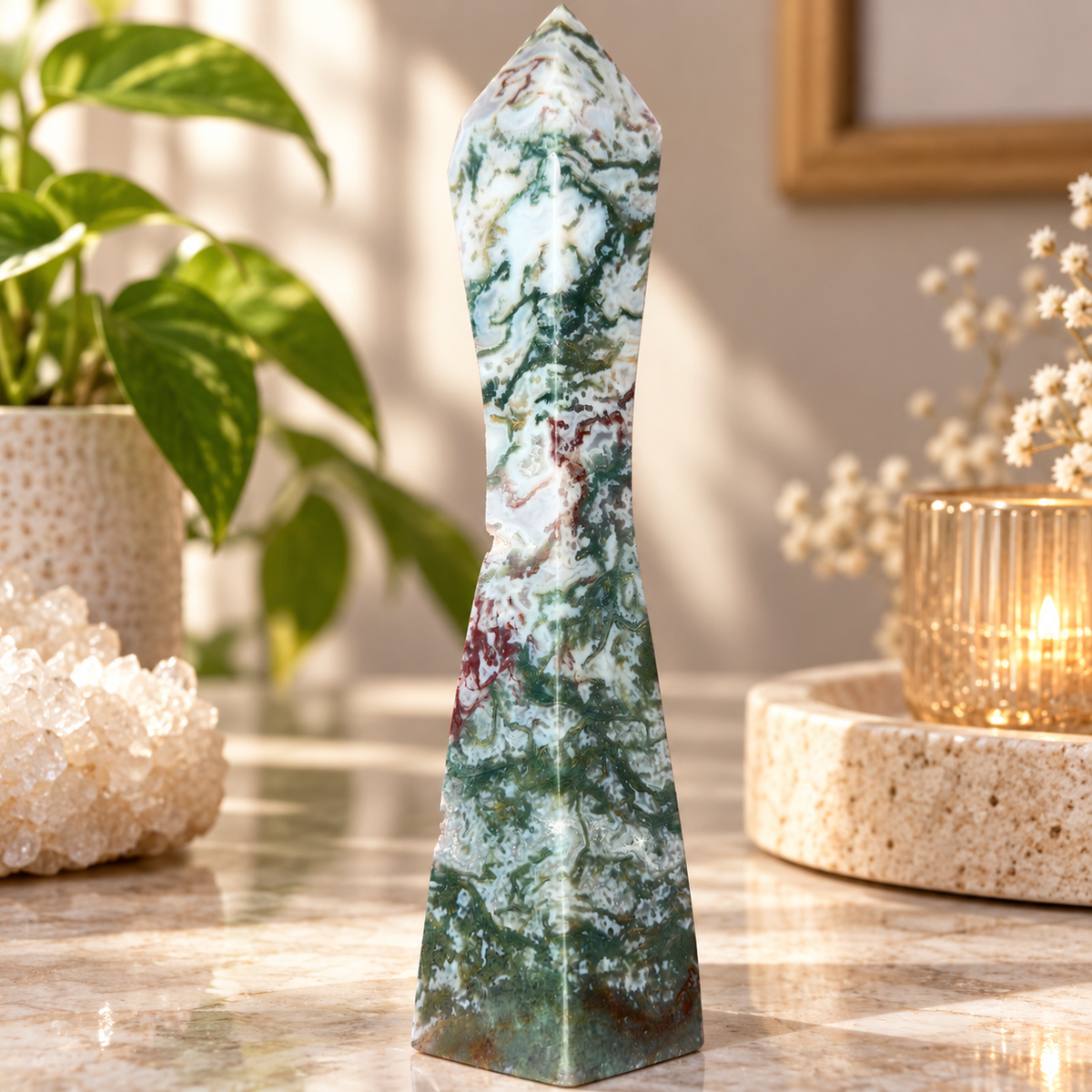 Moss Agate Tower – Tall 5.8 Inch Crystal Point