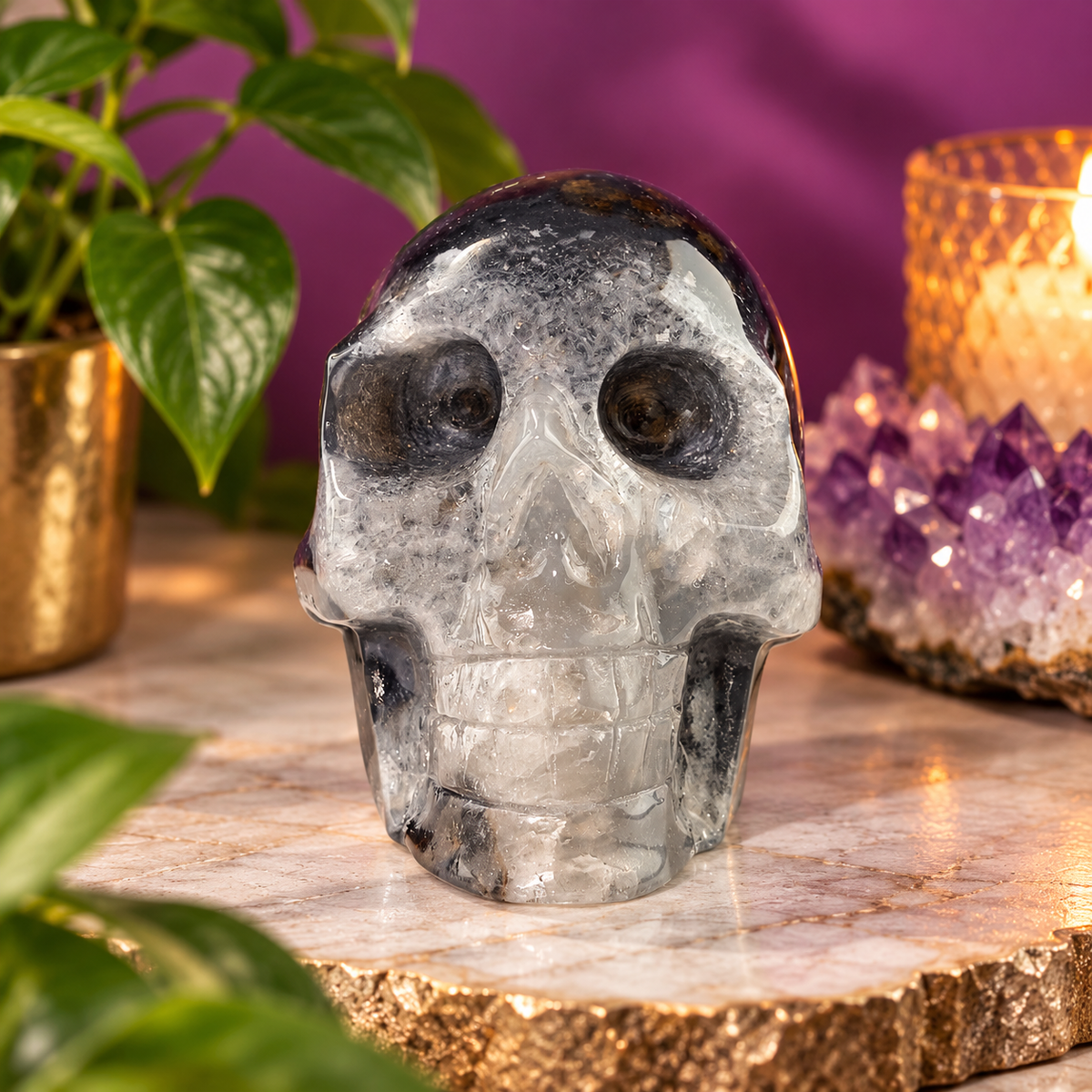 Volcanic Agate Skull – UV Reactive Green Glow – 501g