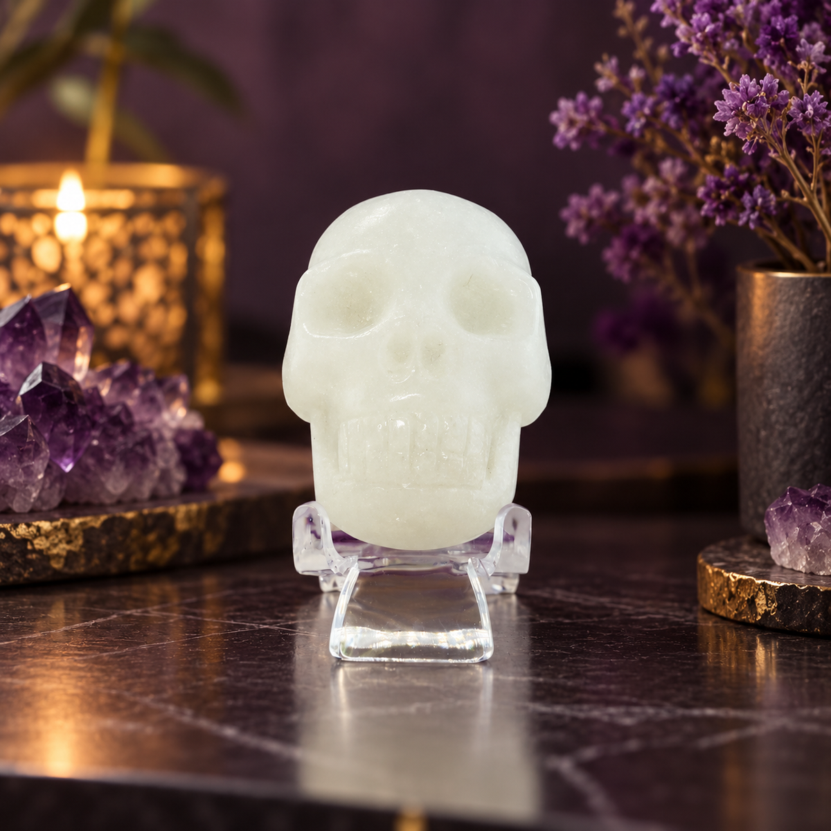 White Jade Mini Double Skull with Acrylic Stand