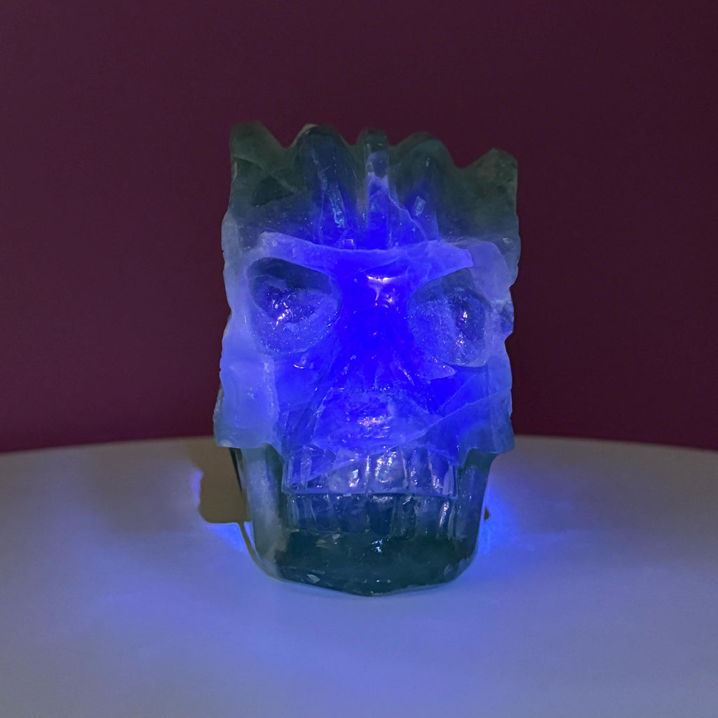 Green Fluorite Collector Skull – 1,743g UV Reactive Statement Carving
