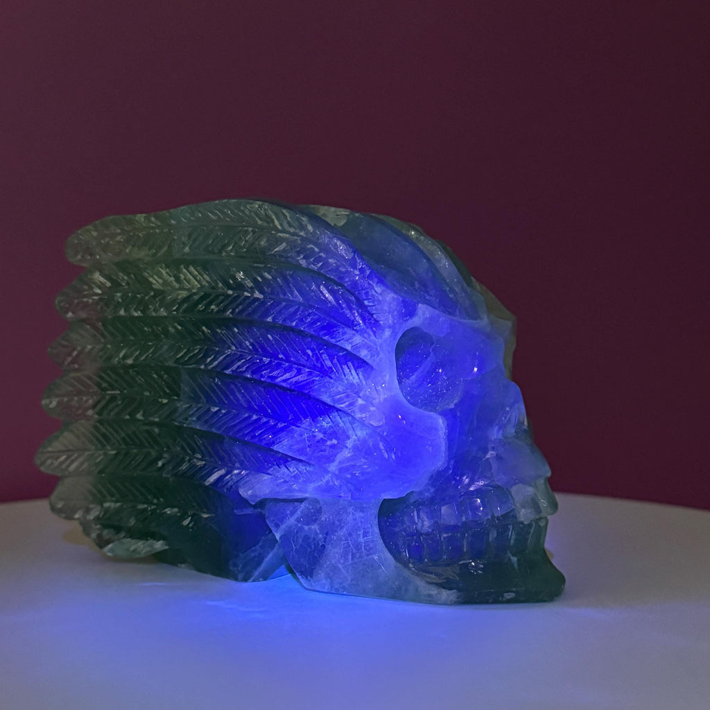 Green Fluorite Collector Skull – 1,743g UV Reactive Statement Carving